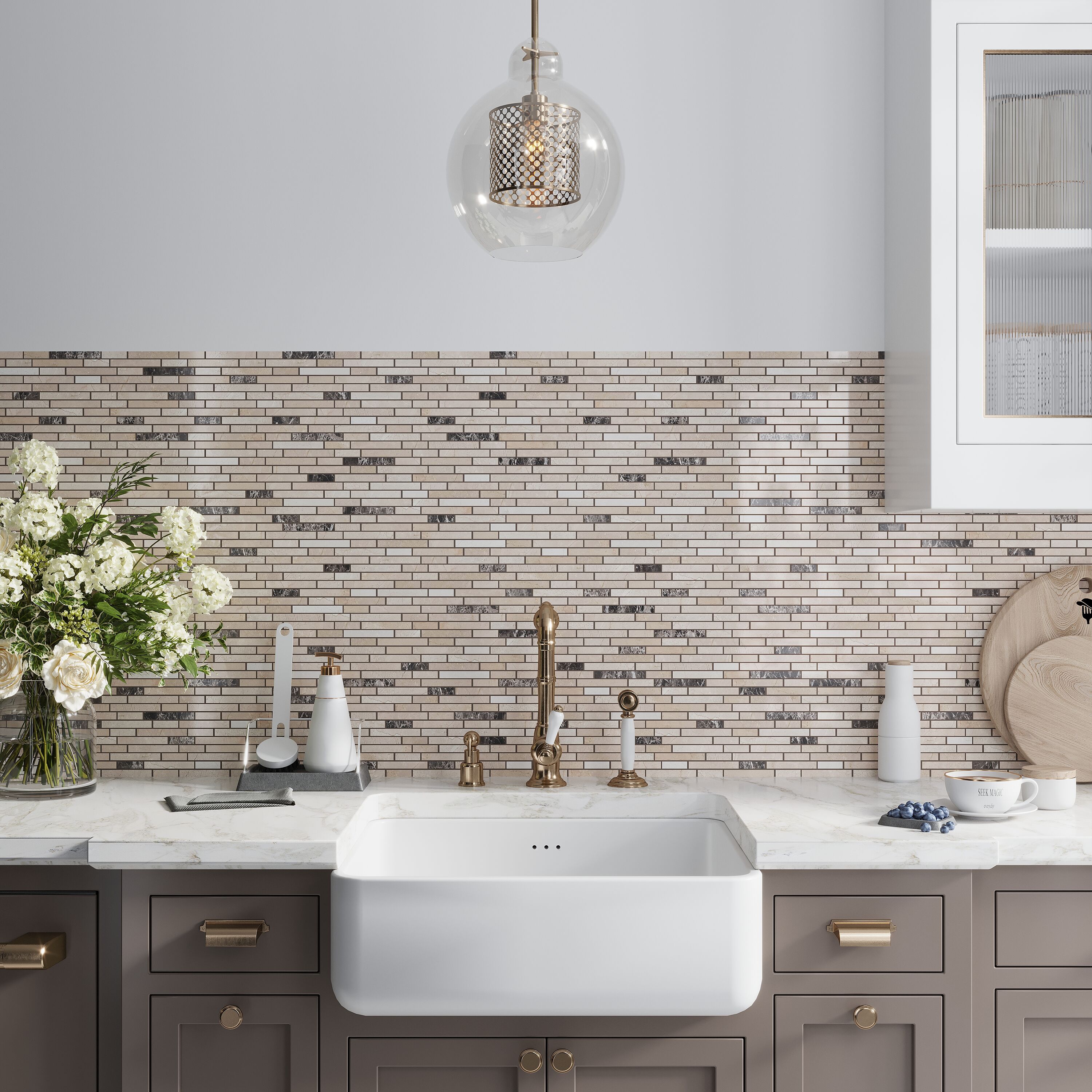 Beige Linear Polished Marble Mosaic Tile 12" x 11.6"