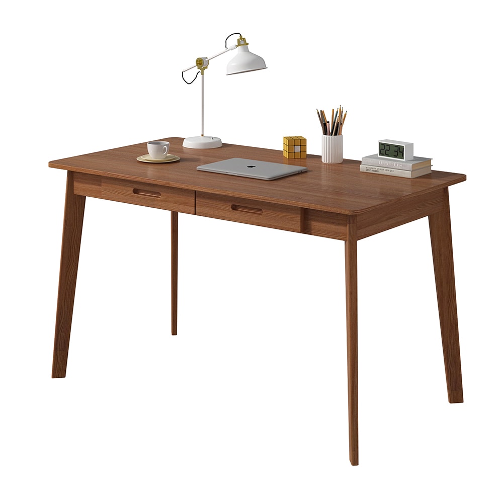  V-KF210013-02 Dark Brown Modern Writing Desk with Drawer and Mid Century Legs Compact Desk for Small Spaces with Wire Management