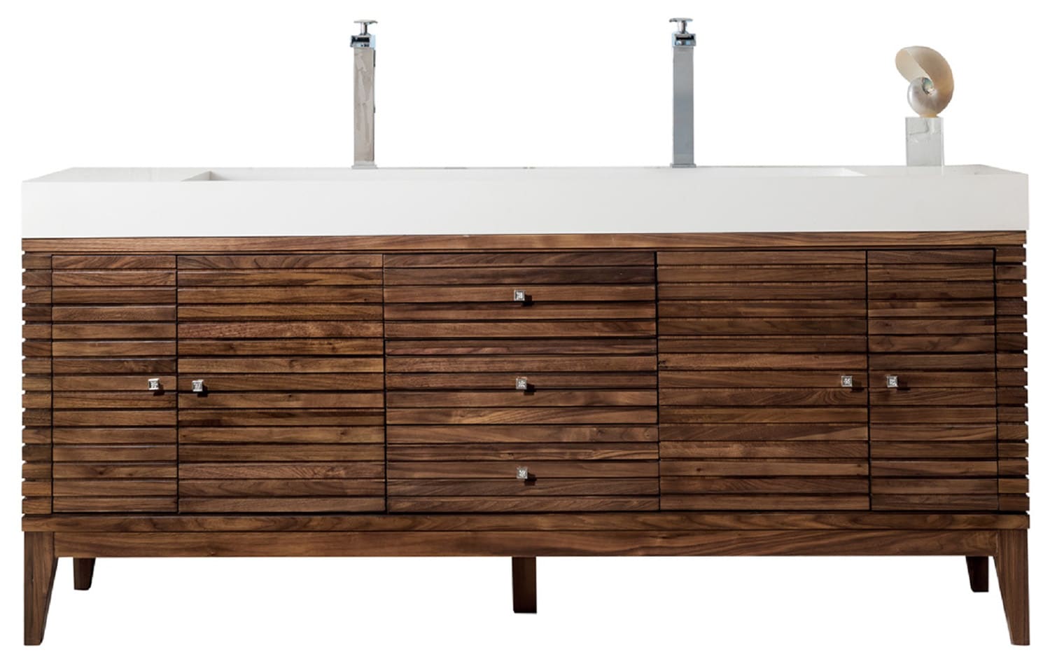 James Martin Vanities 210V72DWLTGW Linear 73-in Mid Century Walnut Single Sink Bathroom Vanity with Glossy White Solid Surface Top