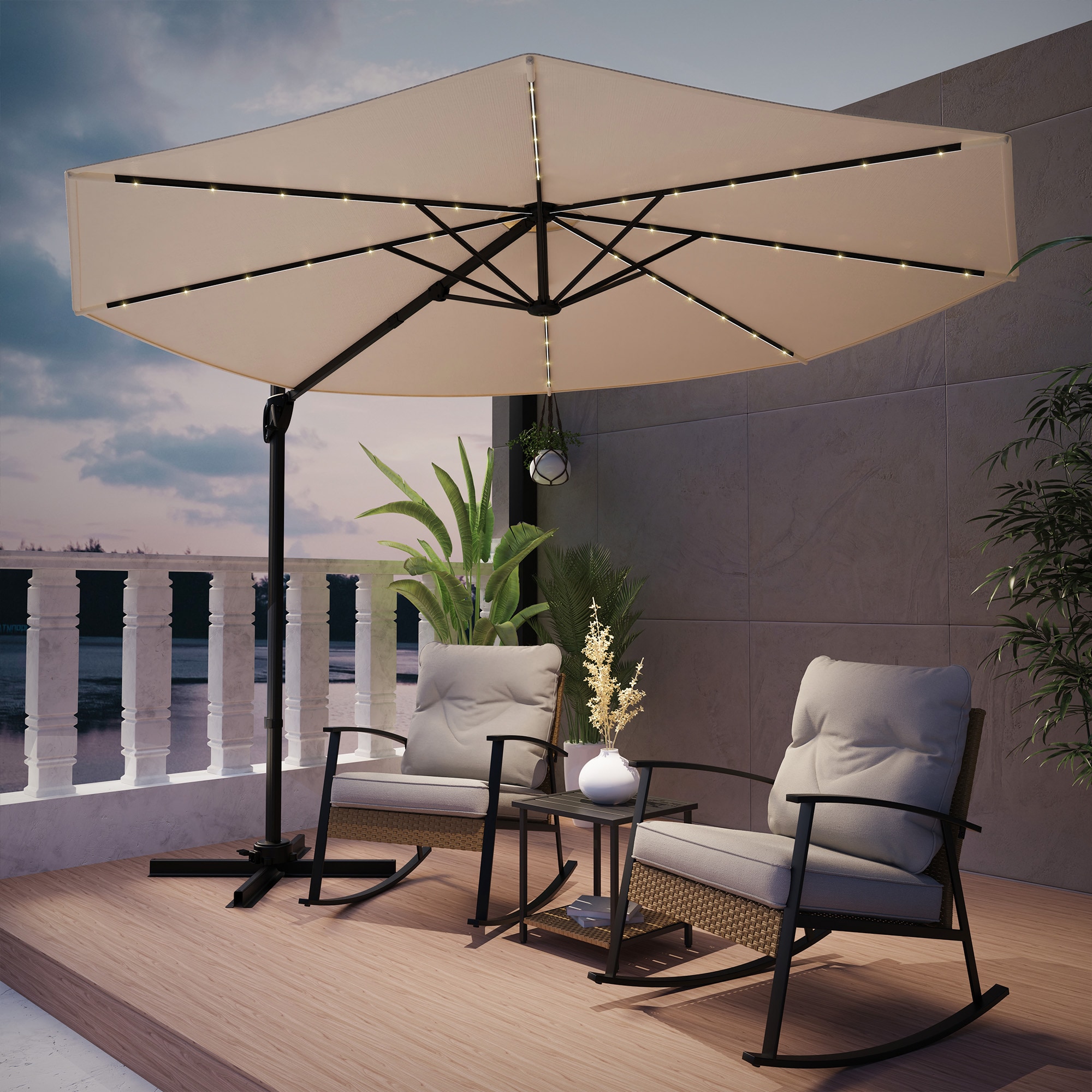 ACEGOSES LW-LED-330SD 10-ft Steel Beige Slide-tilt Cantilever Patio Umbrella with Lights