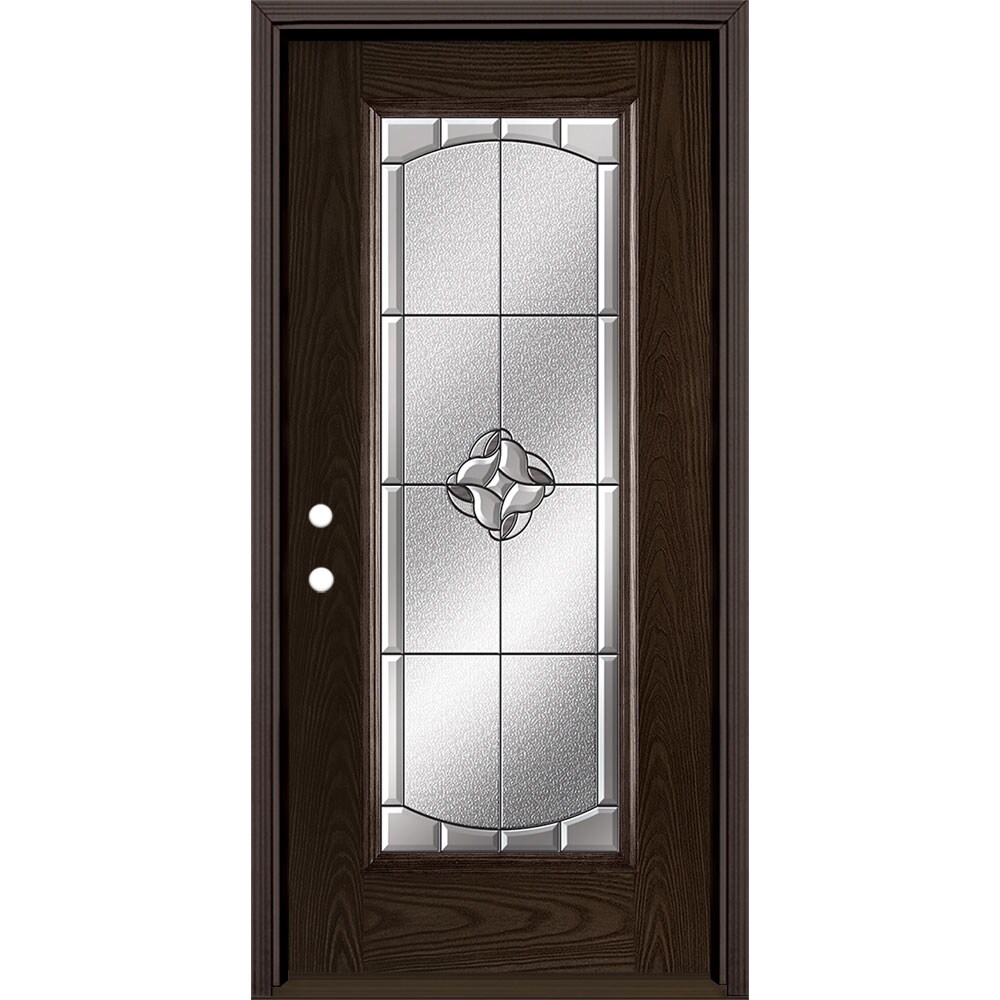 Masonite 3422966 Rozet 36-in x 80-in x 4-9/16-in Fiberglass Full lite Right-hand inswing Walnut Stained Prehung Single door Front Door with Brickmould Insulating core Decorative glass