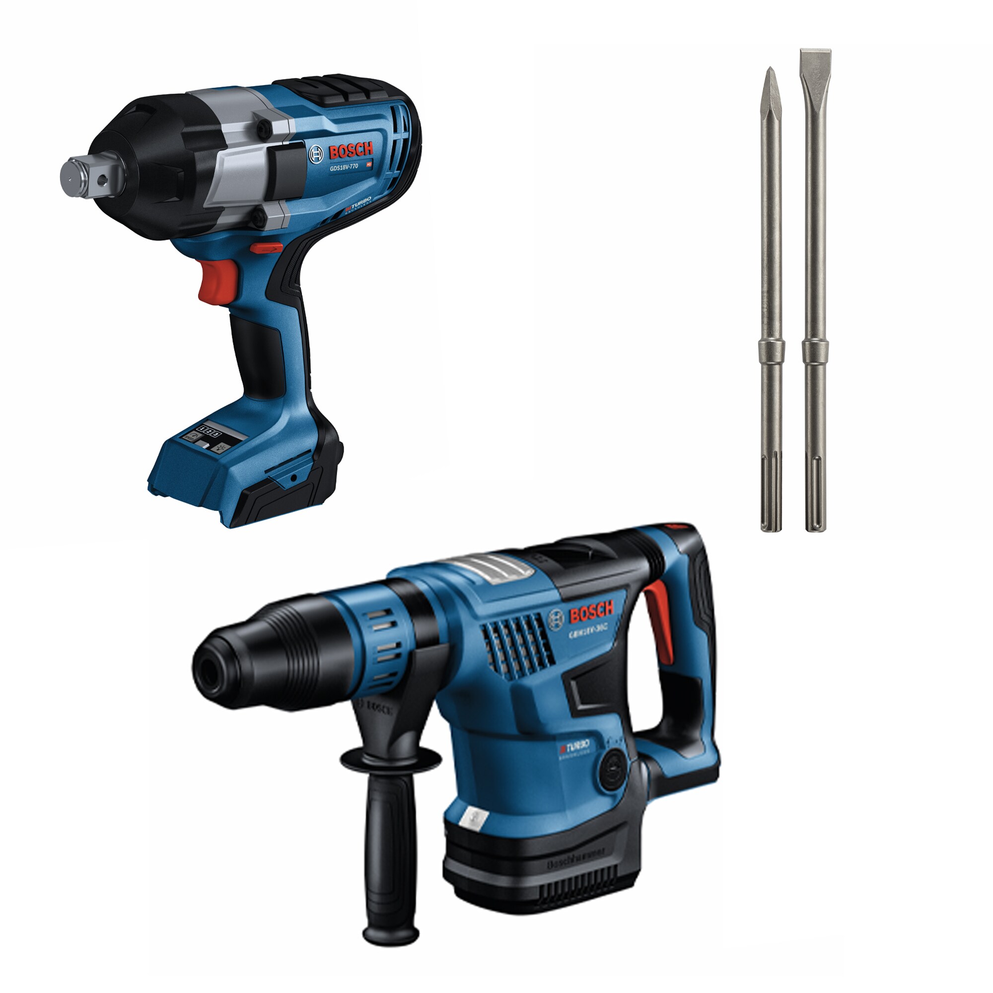 Bosch GBH18V-36CN 18V PROFACTOR™ 1-1/4 In. SDS-max Rotary Hammer (Bare Tool), GDS18V-770N 18V Cordless 3/4 In. Impact Wrench (Bare Tool), and