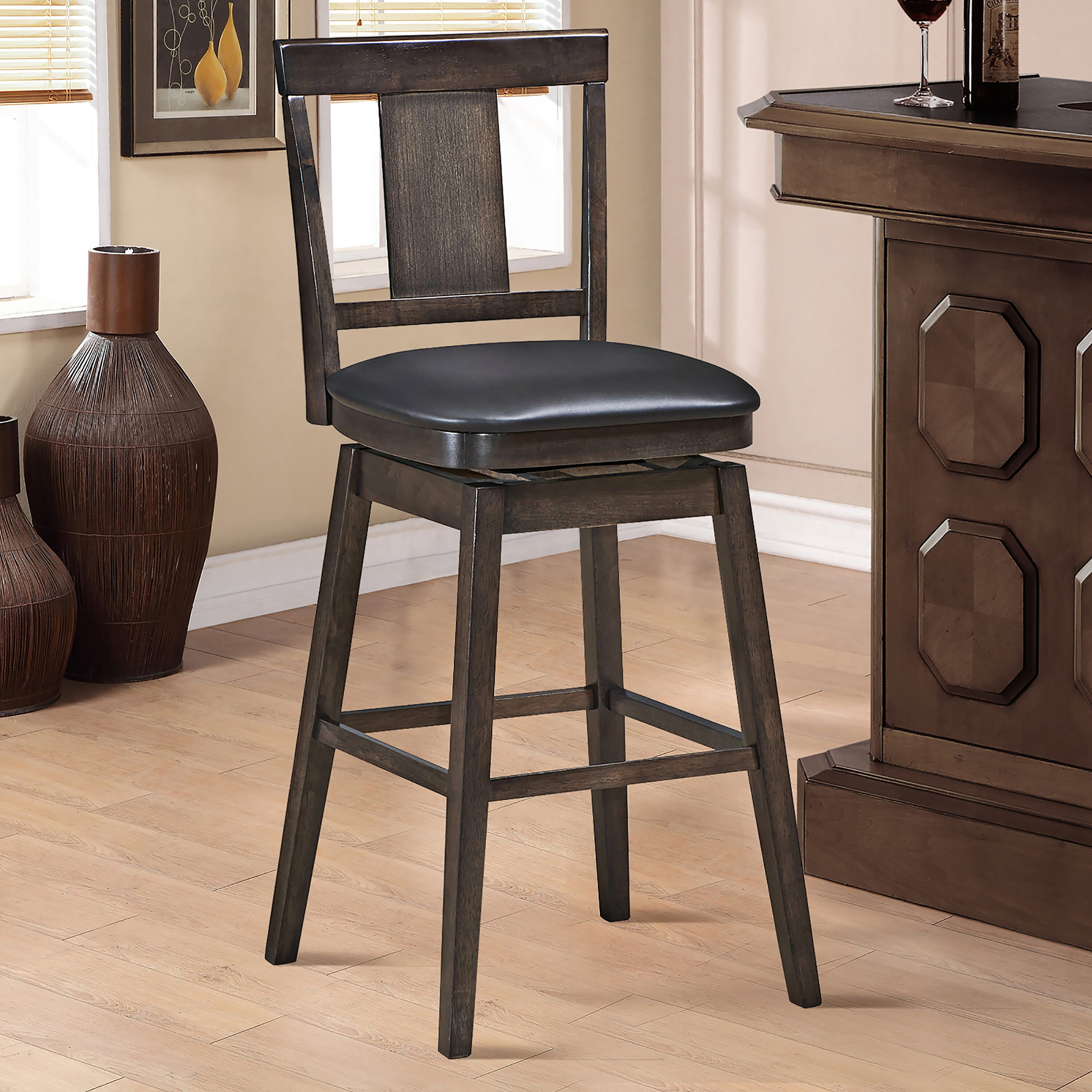 Brown Rubberwood and PVC Leather Swivel Bar Stool