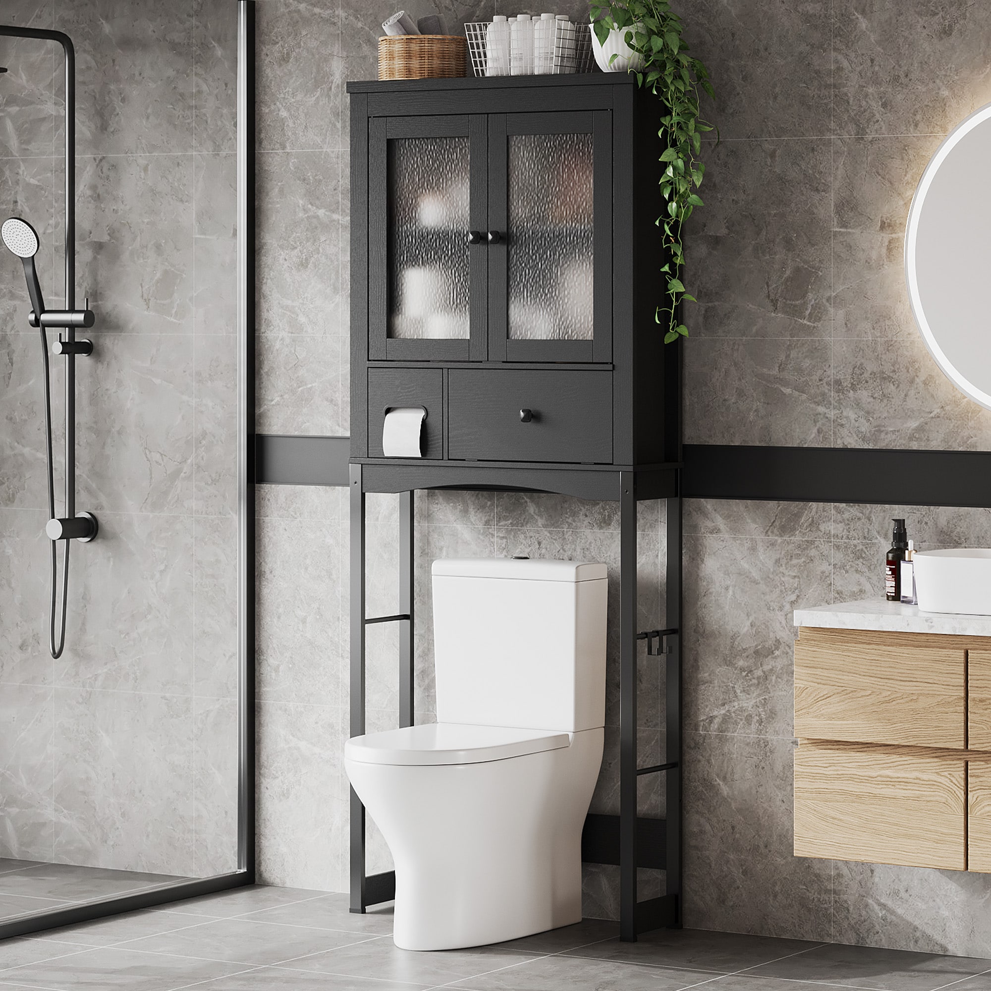 IdealHouse Over-The-Toilet Storage Rack Farmhouse Vintage Bathroom Organizer with MDF Wood Shelves and Steel Frame Space-Saving Toilet Shelf for Small Bathrooms Black Rustic Storage for Towels and Decor