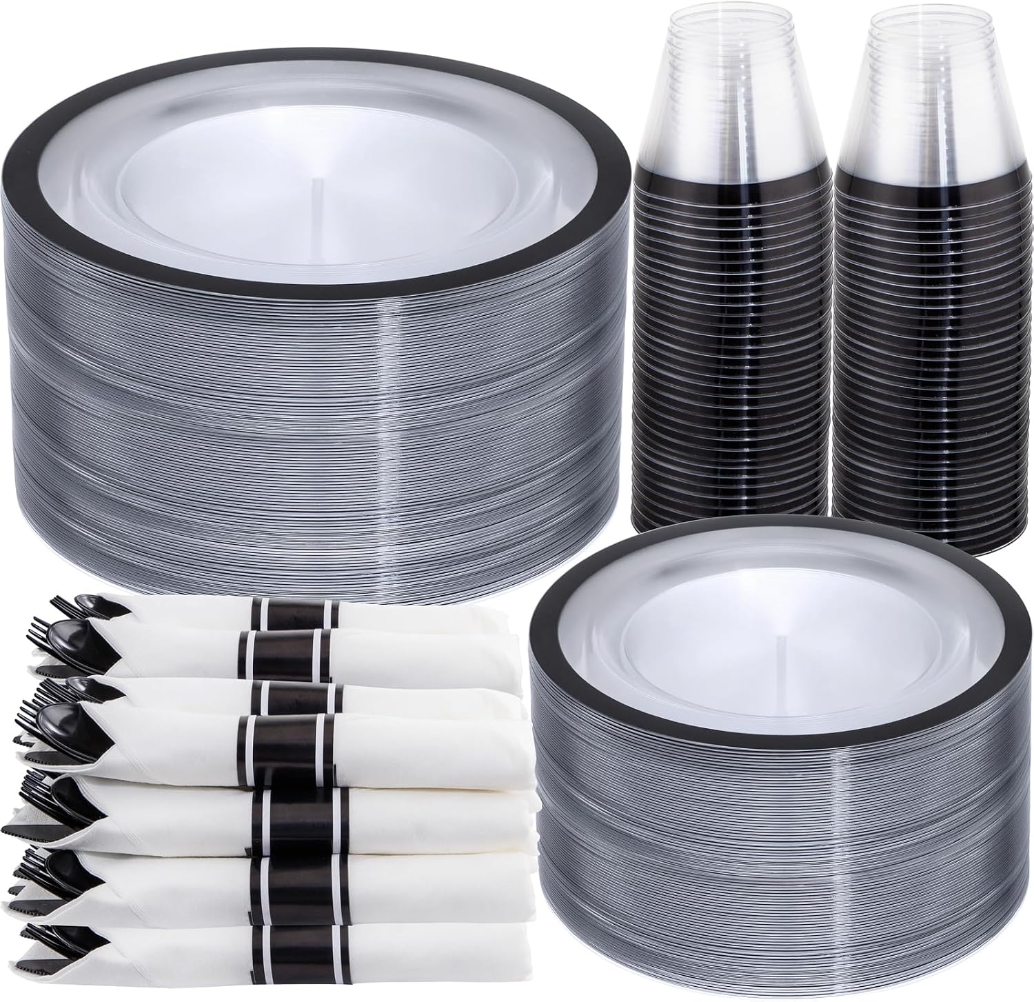 Wellife  350 Pcs Clear and Black Plastic Plates Black Dinnerware Set Include 50 Dinner and 50 Dessert Plates 50 Plastic Cups 50 Pre Rolled Napkins with Cutlery for Graduation Party