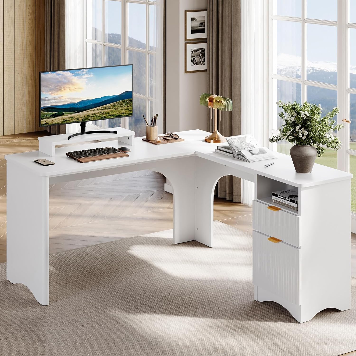Bestier LOW-H106314M-WHT 55.12-in W 2-Drawer White Computer Desk with Monitor Stand and Fluted Panels