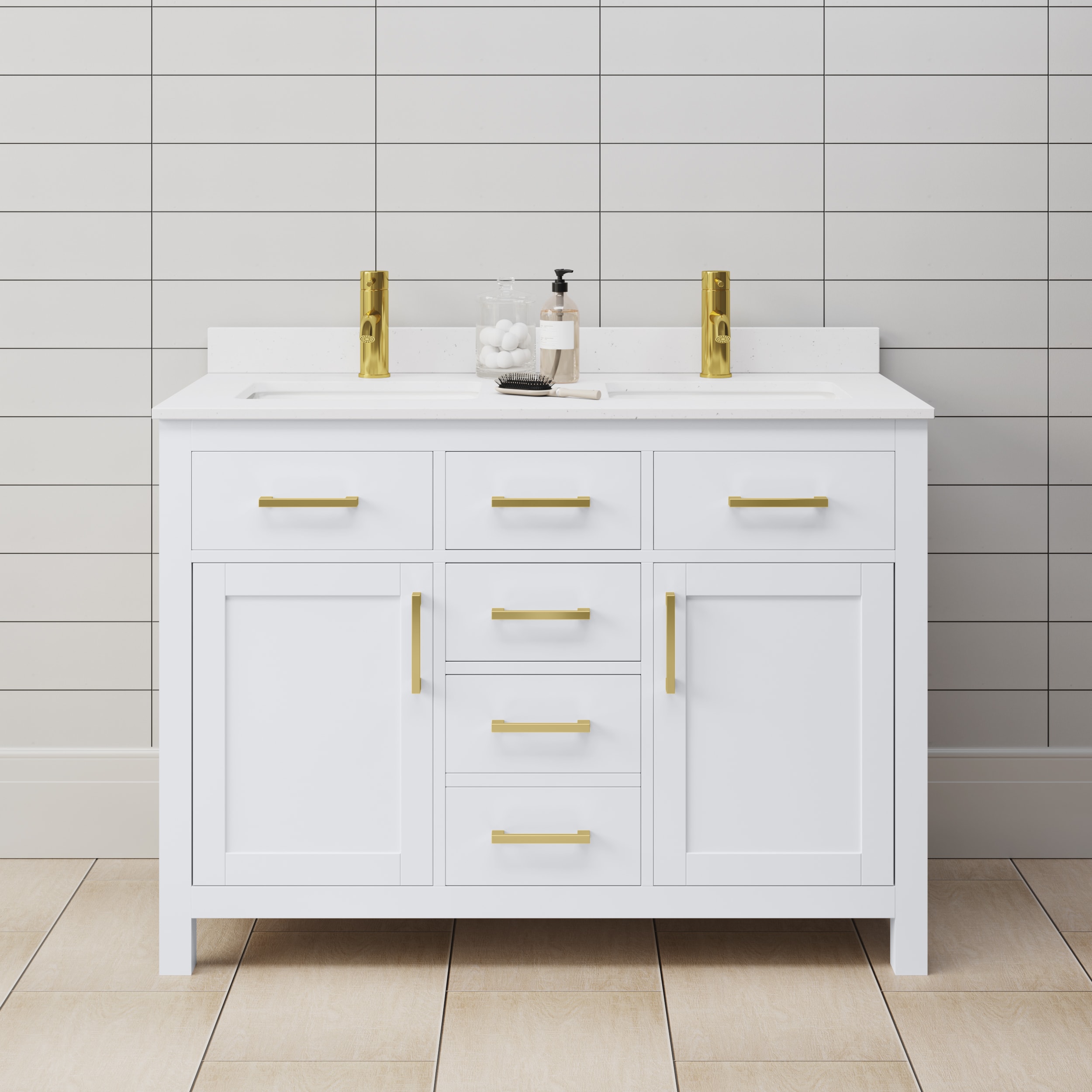 Wyndham Collection WCG242448DWGWCUNSMXX Beckett 48-in White with Brushed Gold Trim Undermount Double sink Bathroom Vanity with White Cultured Marble Cultured marble Top