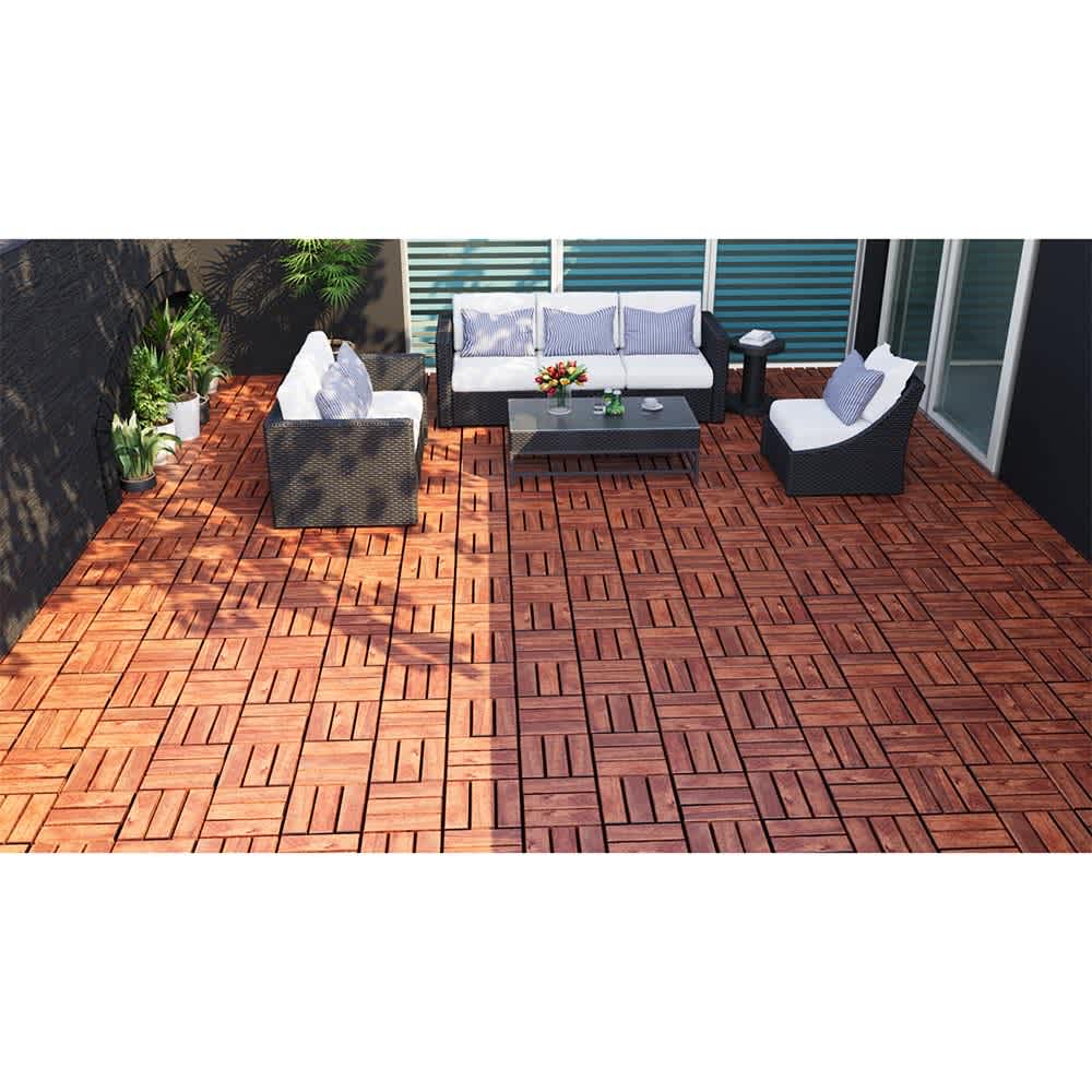 JUJABU Brown 12Inch x 12Inch 20 PCS Acacia Wood Deck Tiles Checker Pattern Square Outdoor Flooring for Patio #DECKTILE-12