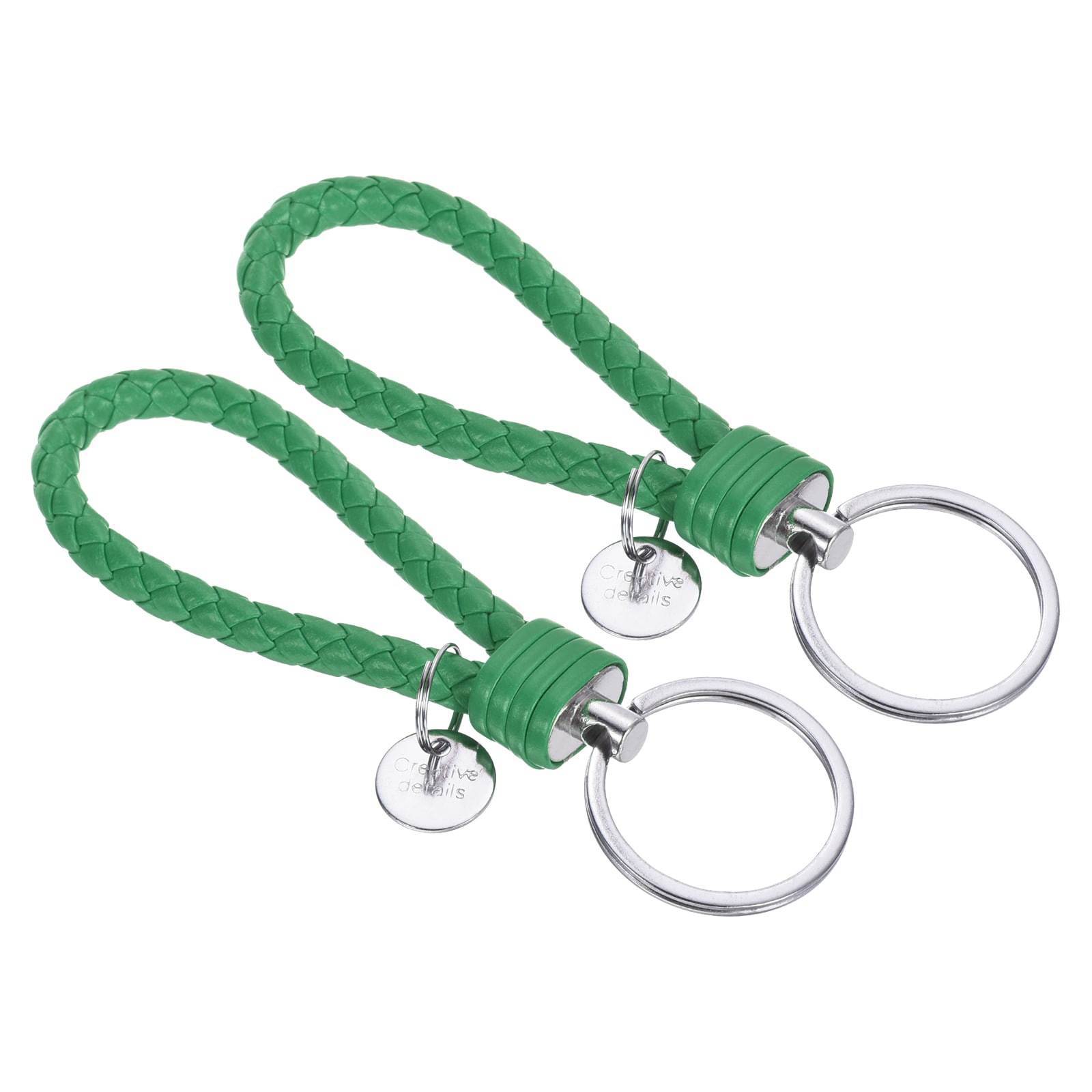 PATIKIL Braided Leather Keychain with Stainless Steel Key Ring Sleeve 2pcs PU Woven Wristlet Lanyard Strap Fob Keyring Holder for Car Bag Wallet Pendant Green