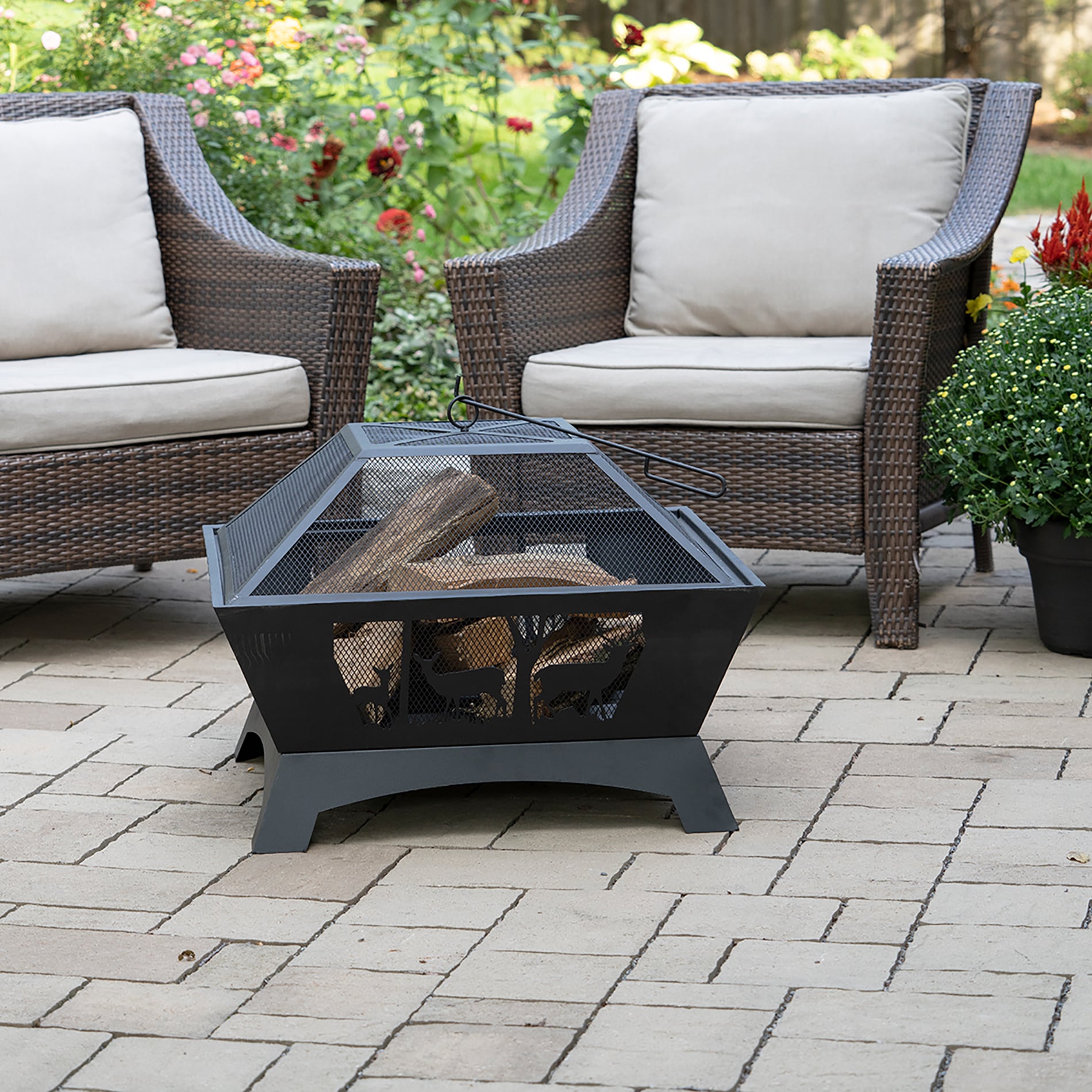 Black Steel 28" Square Wood-Burning Fire Pit with Decorative Cutouts