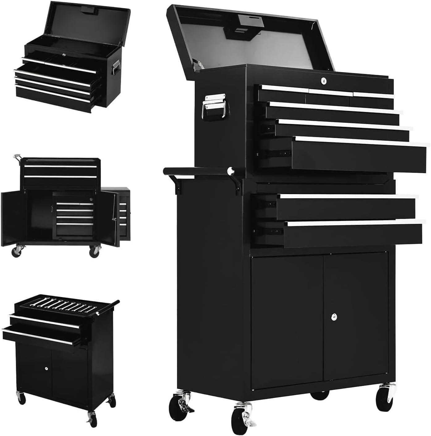 Qeetex 24 Inch 8 Drawer Tool Box Assembled Rolling Tool Box with Wheels Metal Tool Cart Detachable Tool Box with Lock for Workshop Mechanic Garage (Black)