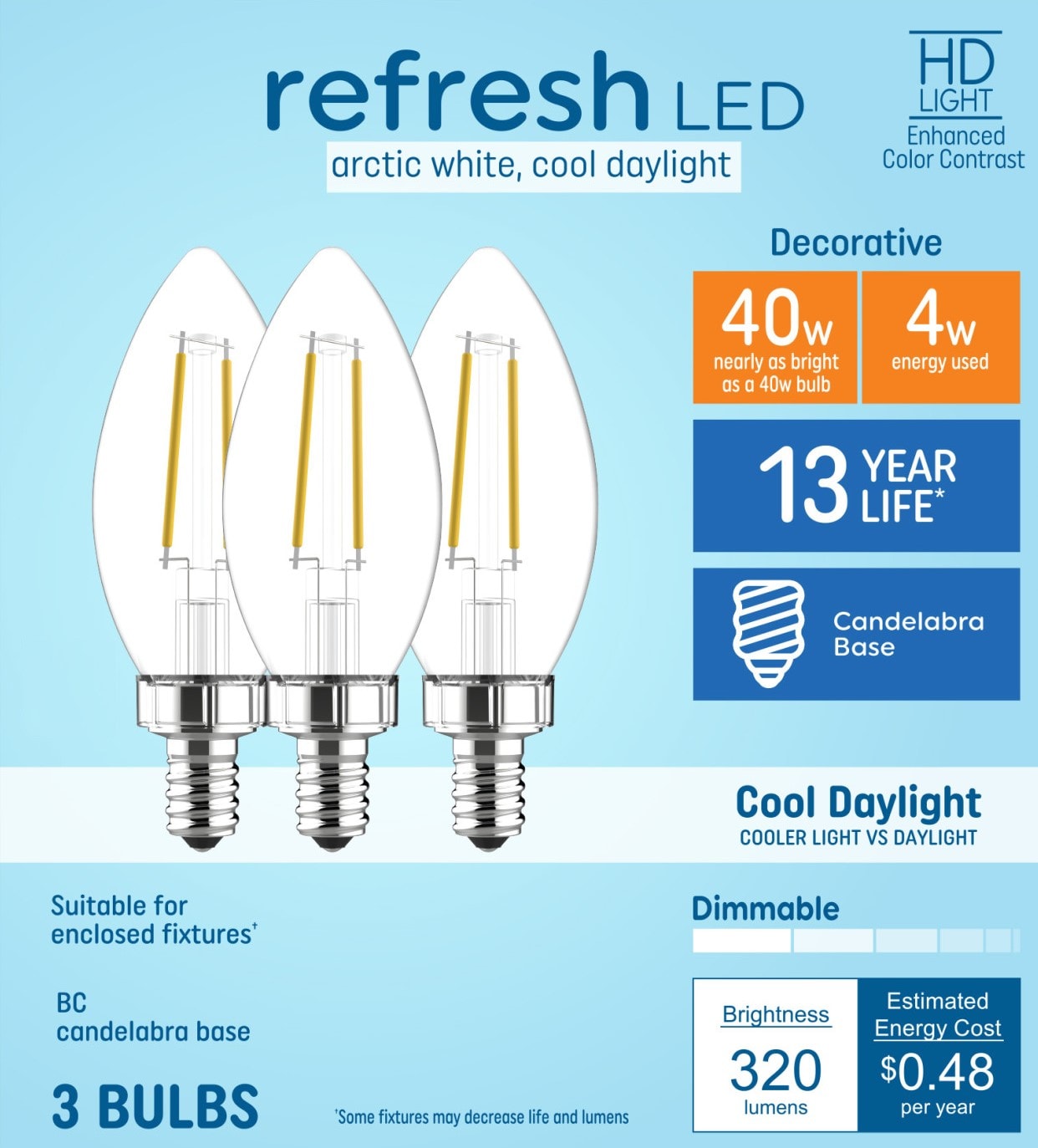 GE 40 -Watt EQ B11 Cool daylight Candelabra base (E-12) Dimmable LED Decorative Light Bulb 3 -Pack #93122670