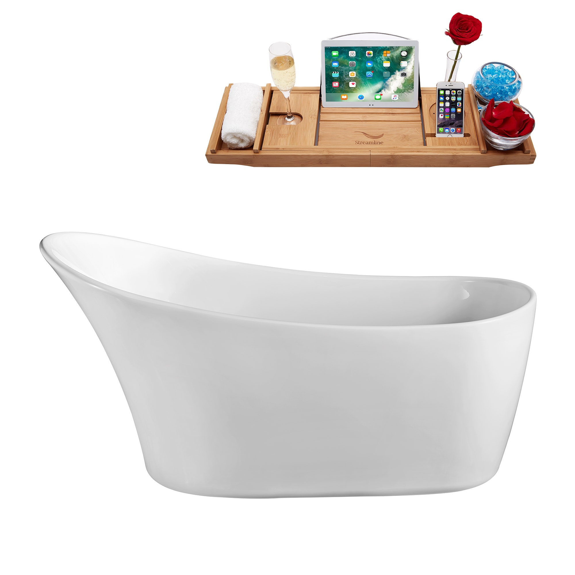 Streamline N820-IN-GLD 28.3-in x 59.1-in Glossy White Acrylic Oval Freestanding Soaking bathtub with Drain ( Reversible Drain )