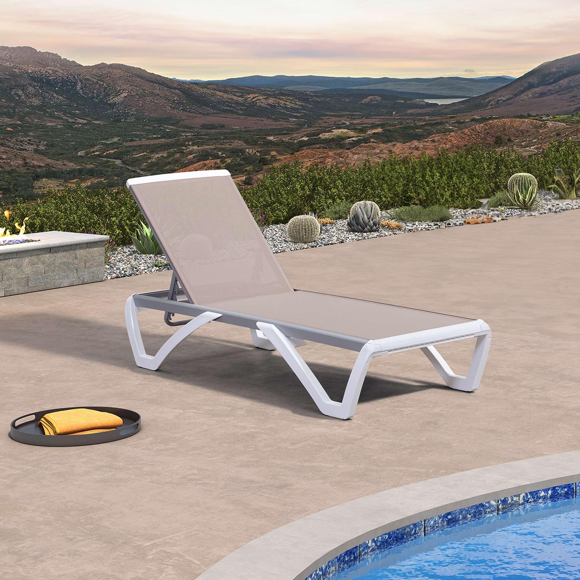 PURPLE LEAF LS04-ZW-ZB-YL Outdoor Plastic Textilene Chaise Lounge 1 chair Aluminum Frame Spring motion Chaise Lounge Chair with Beige Mesh Seat