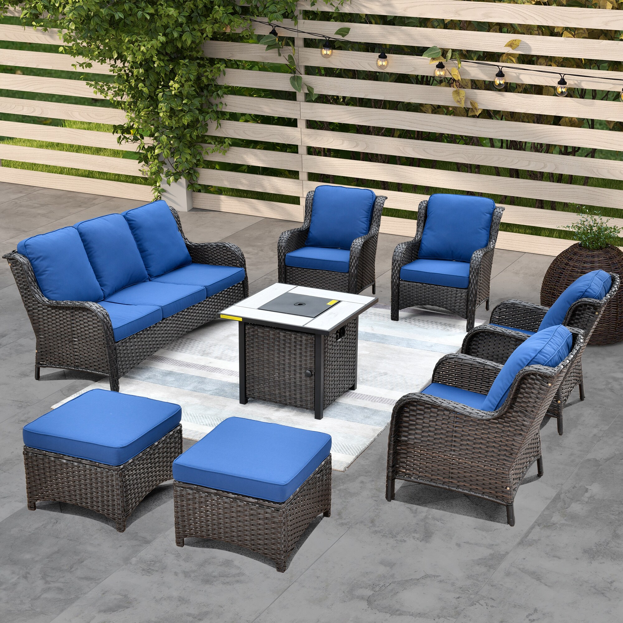 Ovios 8-Piece Wicker Patio Sofa Conversation Set with Blue Cushions in ...