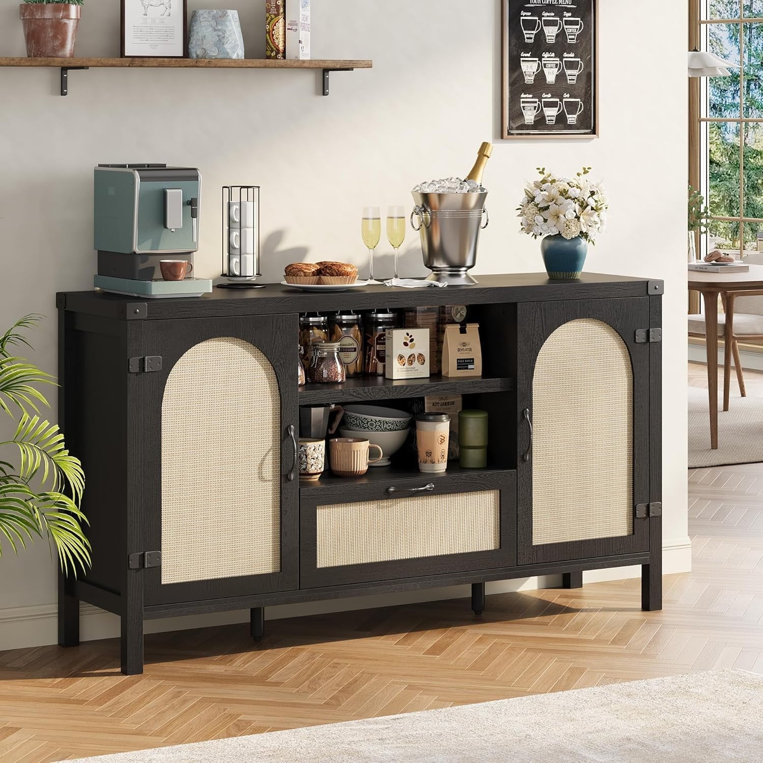 GAOMON 59Inch Rattan Sideboard Buffet Cabinet- Boho Wooden Coffee Bar with Open Shelves and Drawer- for Dining Room/Living Room- Black