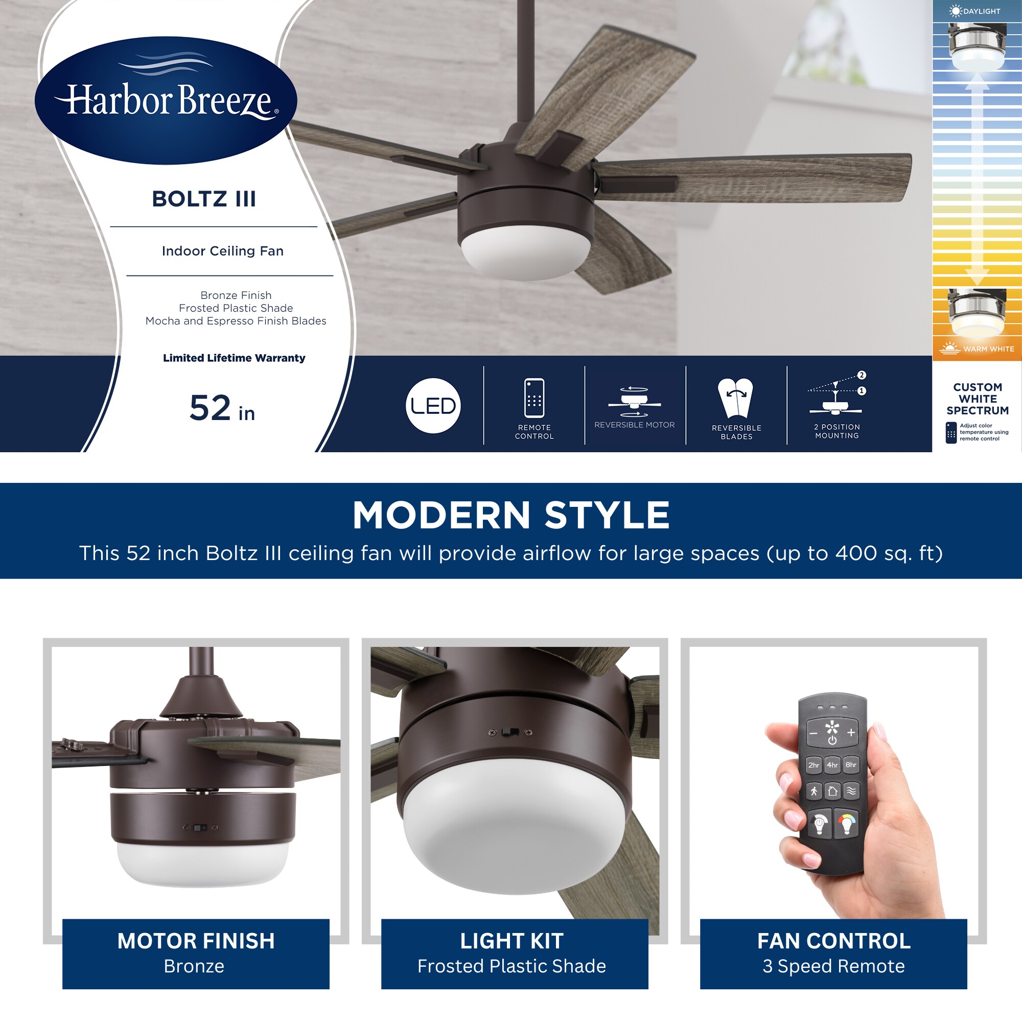 Harbor Breeze Boltz III Easy2Hang 52-in Bronze Color-changing Indoor Ceiling Fan with Light and Remote (5-Blade)