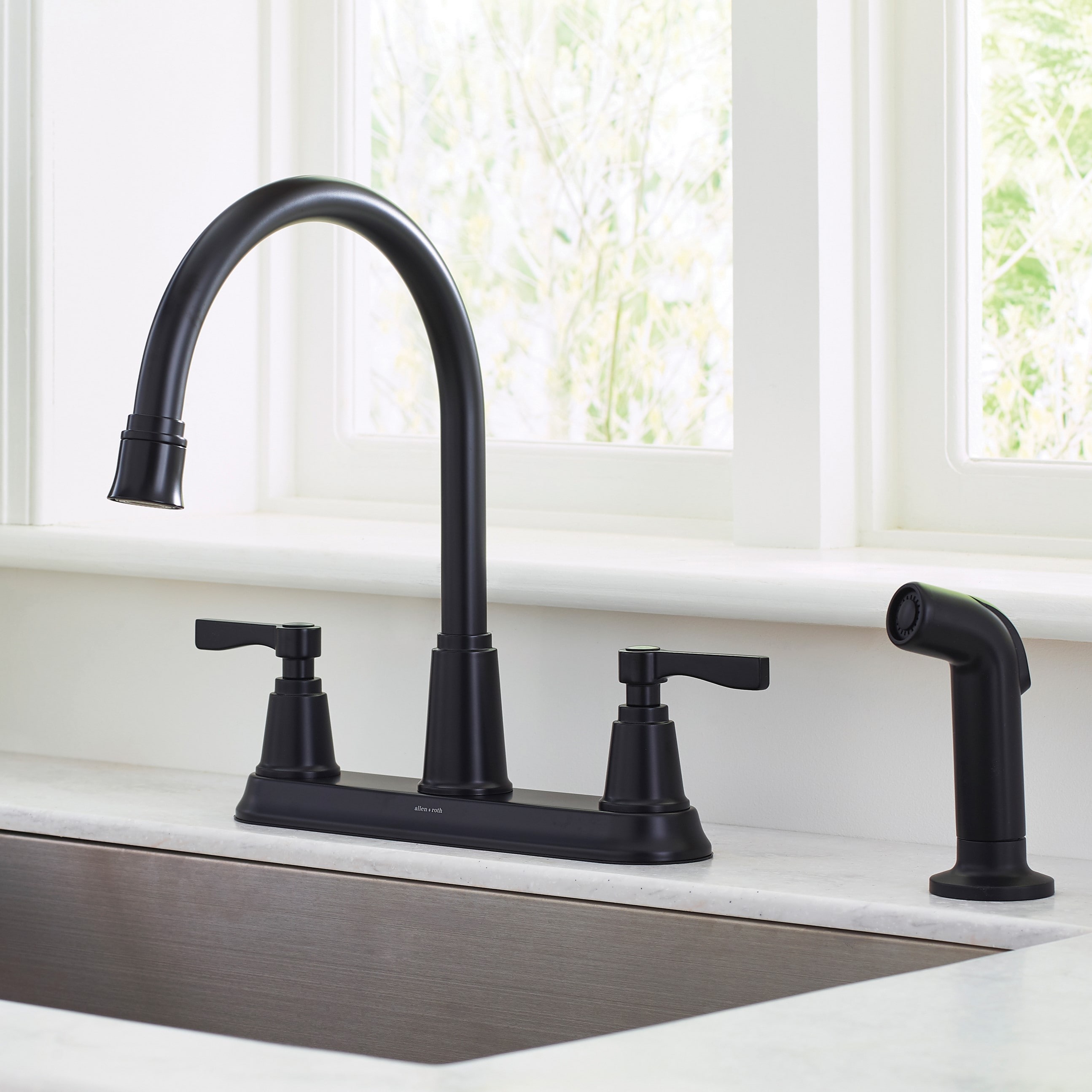 allen + roth 67722W-117001 Townley Matte Black Double Handle Deck-mount Kitchen Faucet with Sprayer ( Deck Plate Included ) ( Side Sprayer Included )