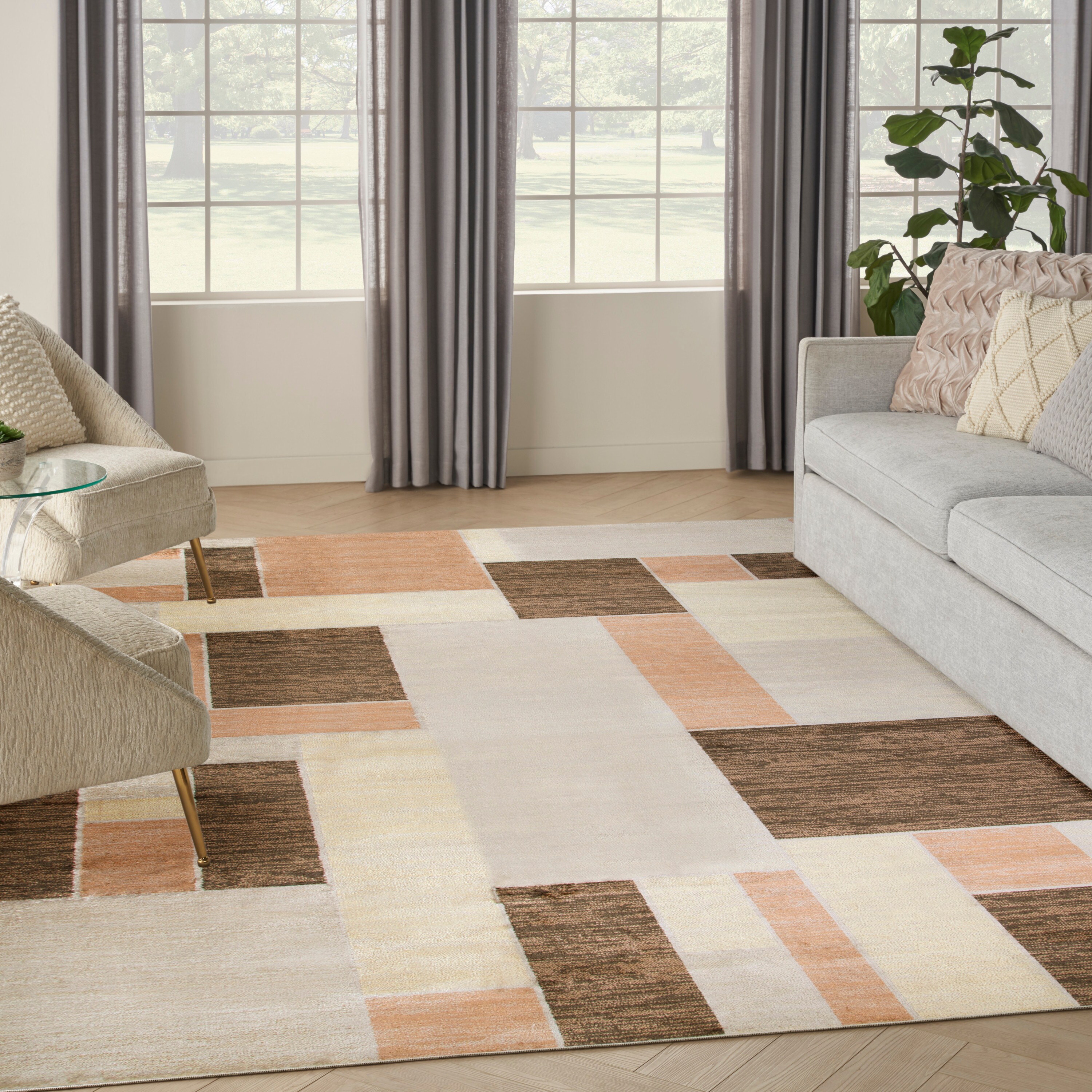 Nourison Home 099446944344 Astra Machine Washable 7 x 9 (ft) Loomed Polyester Beige Multicolor Rectangular Indoor Geometric Mid-Century Modern Machine washable Area rug
