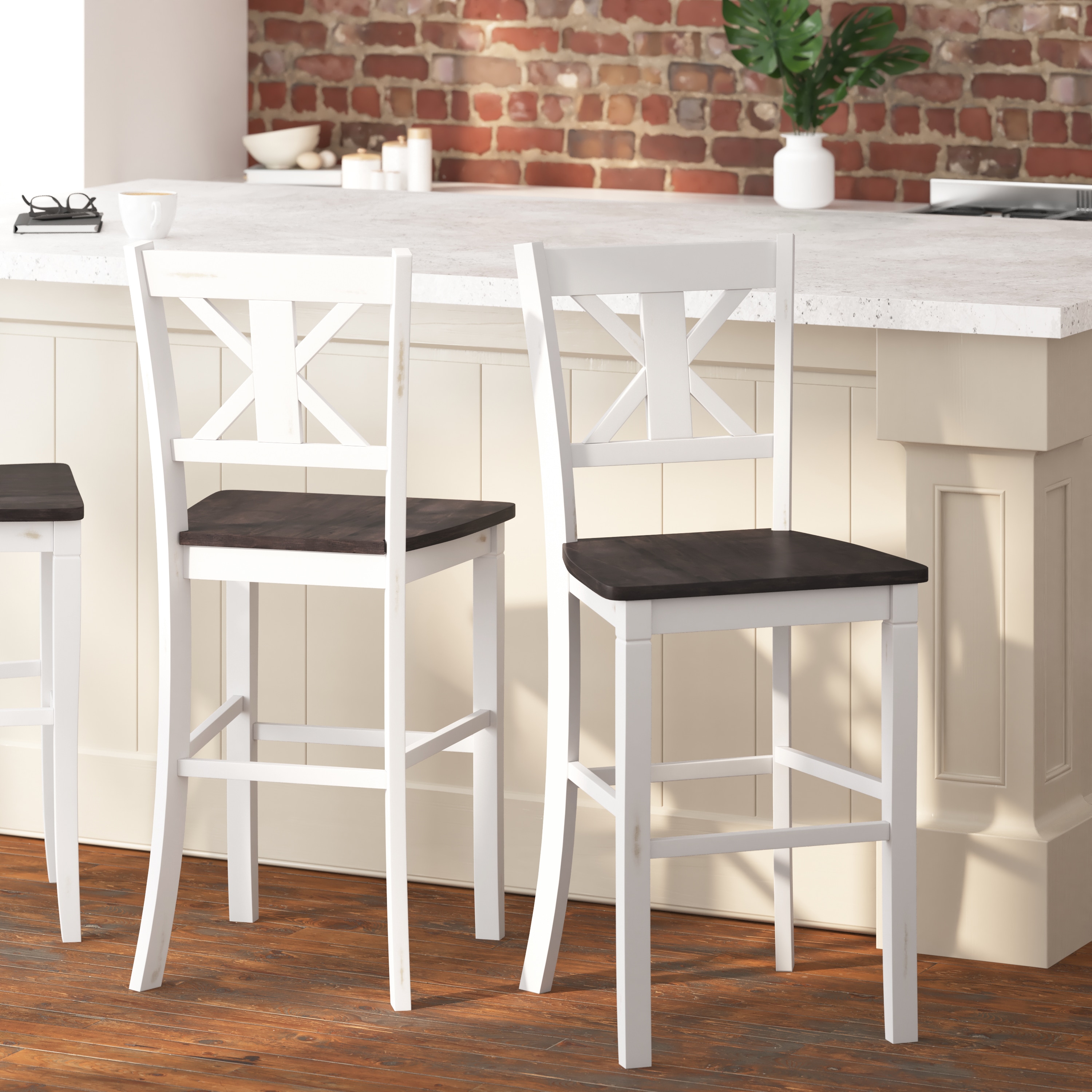 White Wash Solid Wood Cross Back Counter Stools, Set of 2