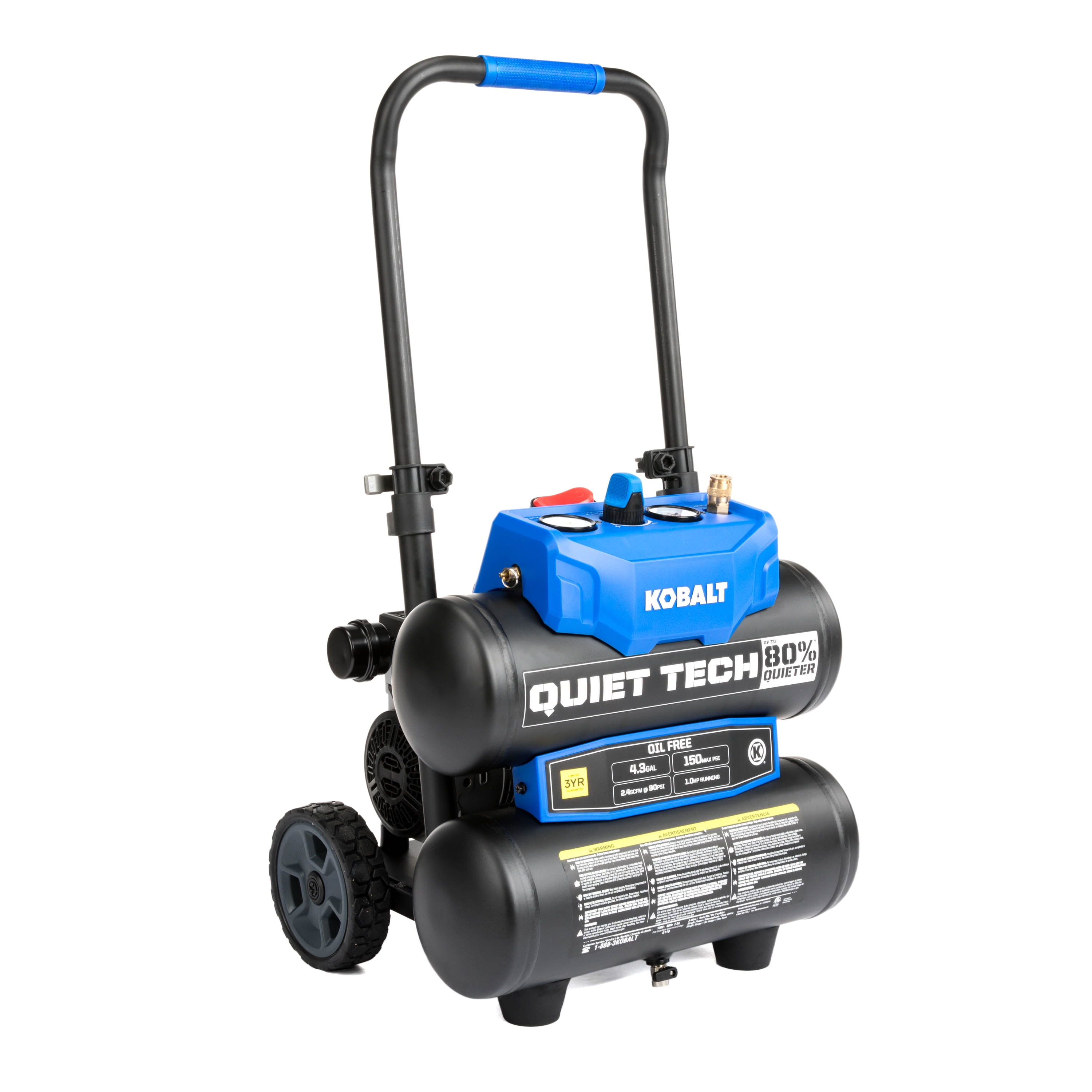Quiet Tech 4.3-Gallons Portable 150 PSI Twin Stack Quiet Air Compressor Rubber | - Kobalt 3320447