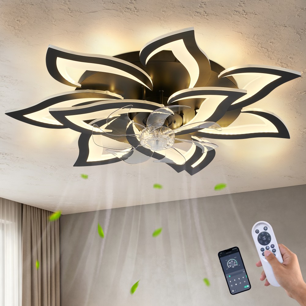 Basdien 32 in Black Flower Modern Ceiling Fan with Light Contemporary Elegant Industrial Remote APP Control Six Speeds Reversible Motor LED Dimmable 3000K 6000K Two Four Eight Timer Light Memory Function Bedroom Kitchen Living Room Dining Room