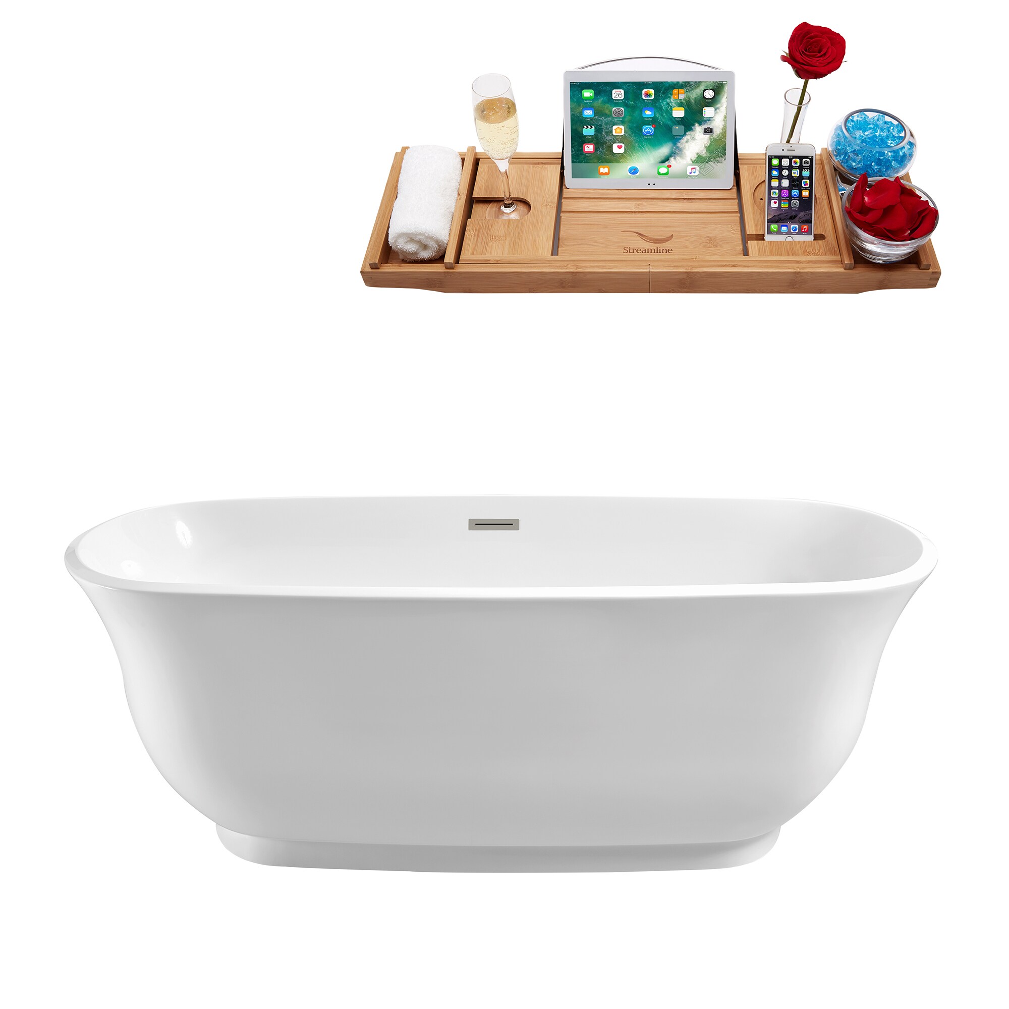 Streamline N661BNK 30.7-in x 66.9-in Glossy White Acrylic Oval Freestanding Soaking bathtub with Drain ( Center Drain )