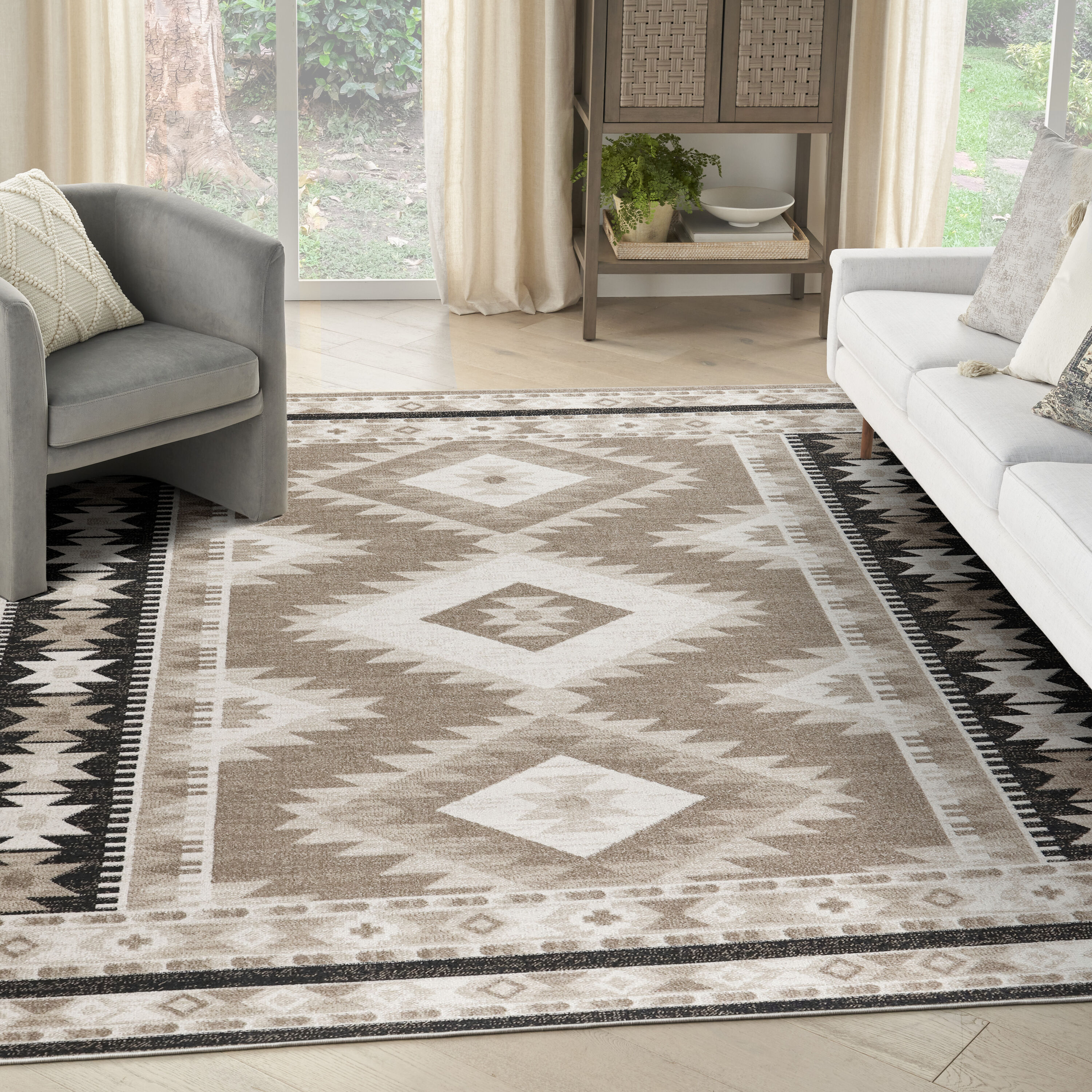 Nourison Home 099446974914 Washable Decor 8 x 10 (ft) Polyester Beige Black Rectangular Indoor Geometric Machine washable Area rug