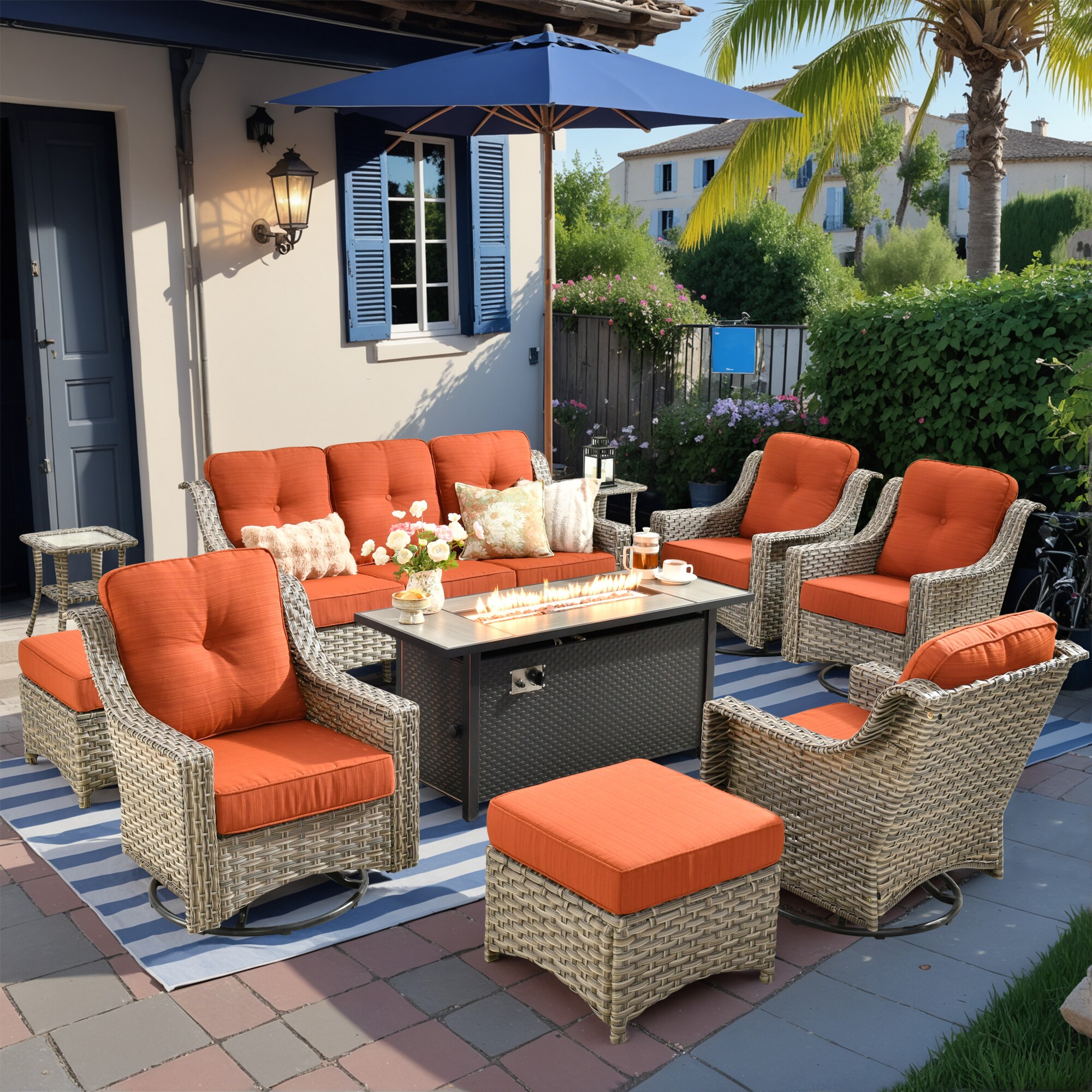 Caodoc L5-CFP03-YZPAD810 New right-Angles Rattan Outdoor Sectional with Orange Cushions and Rattan Frame