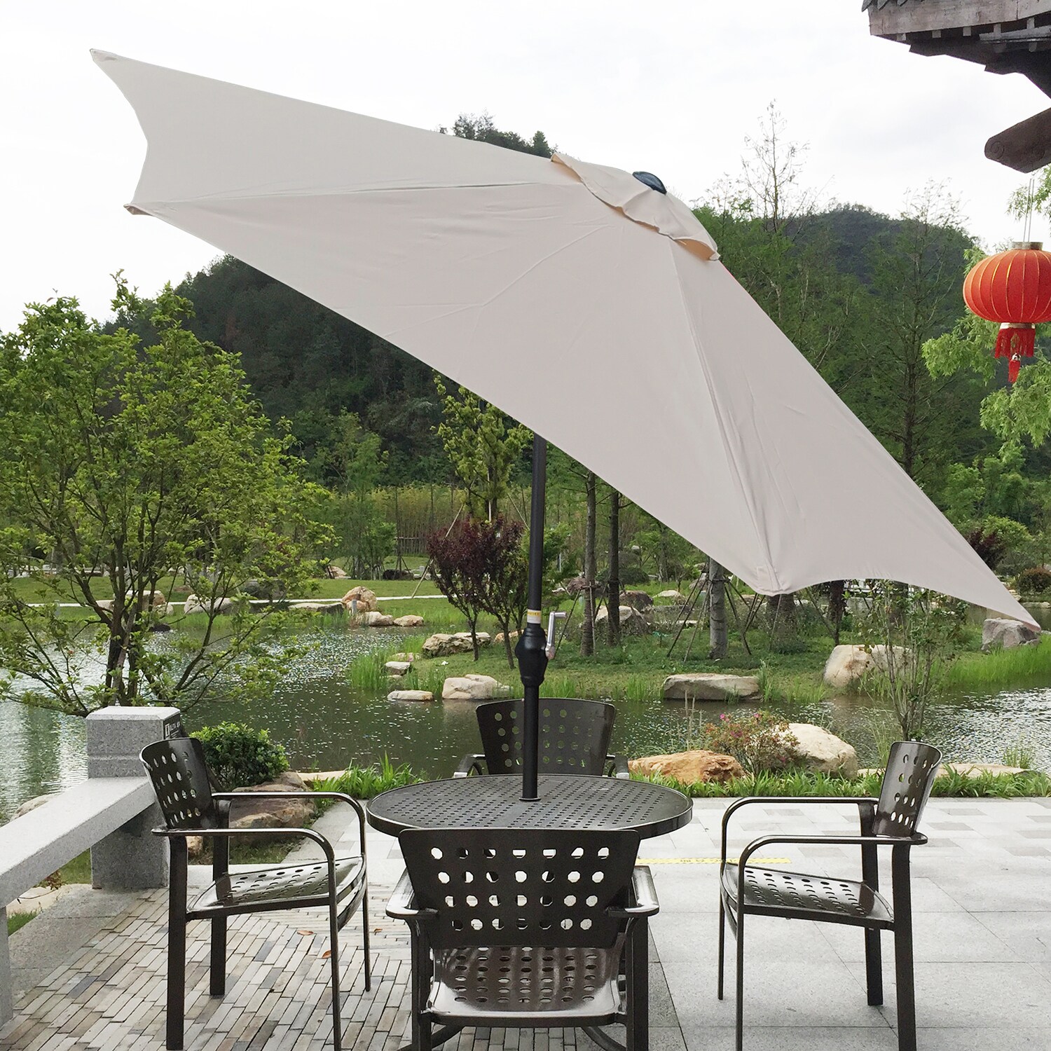 SINOFURN 9 ft Tan Round Patio Umbrella with Tilt-and-Crank Mechanism ...