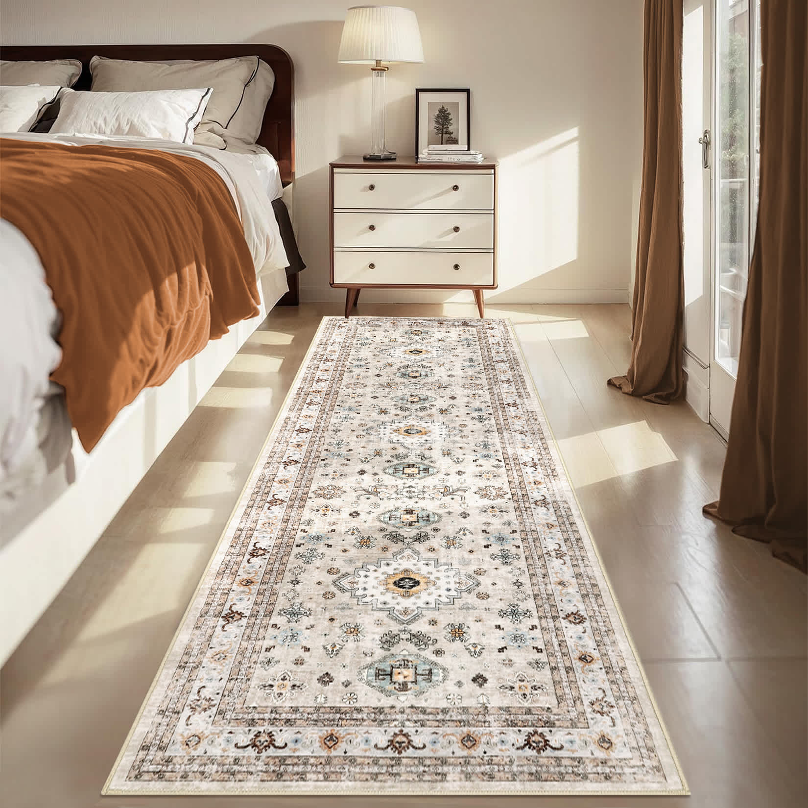 Qeetex LSN-PHO-33RNQ9T6 2 x 6 ft Polyester Cashmere Beige Rectangular Hallway Bathroom Entryway Kitchen Office Foldable Flower Printed Persian Washable Area Rug