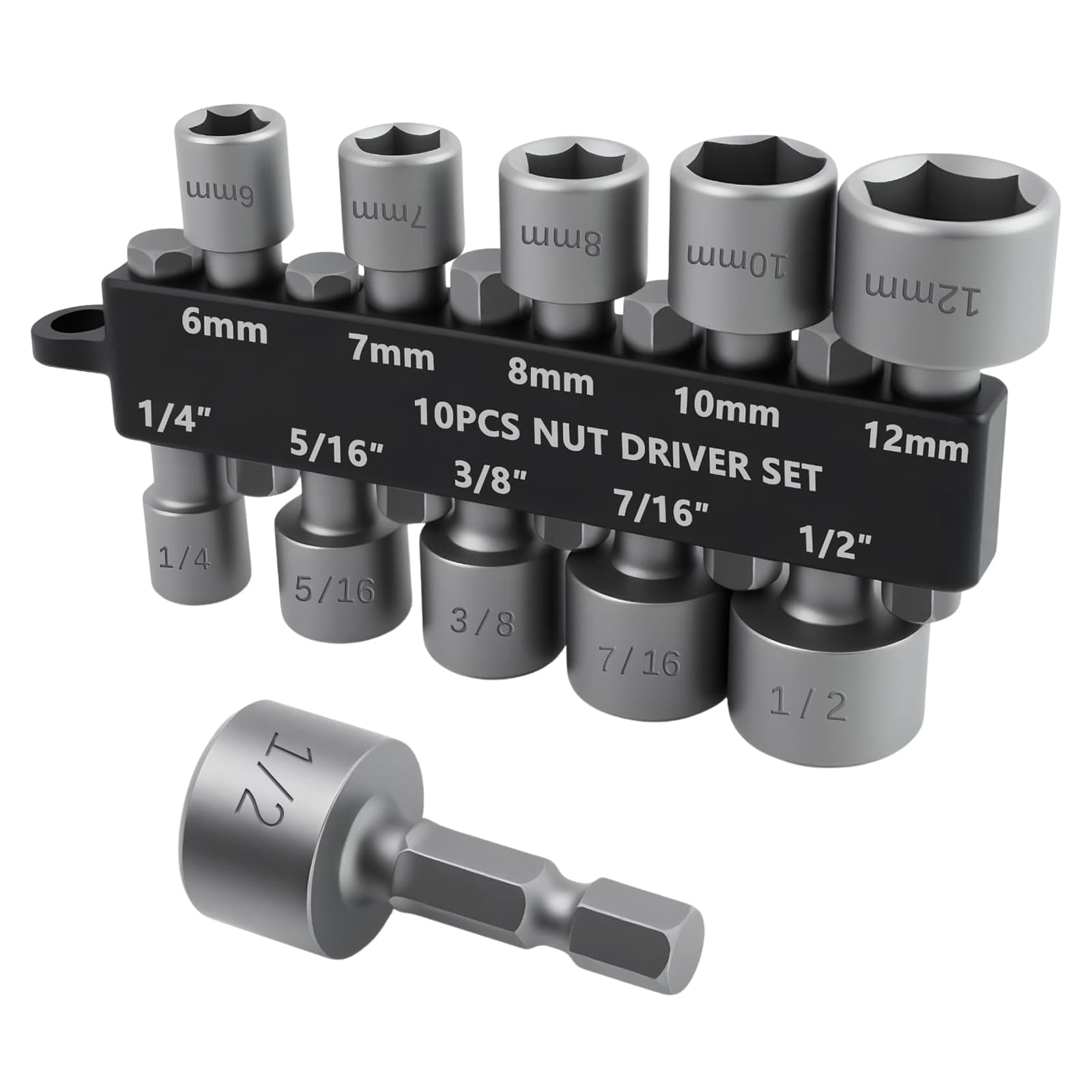 Etokfoks 10 Pack Power Nut Driver Set Metric SAE Impact Drill Socket Set 1/4 Inch Hex Shank With Tight Fit Storage Holder For DIY And Repair #LET1128N04