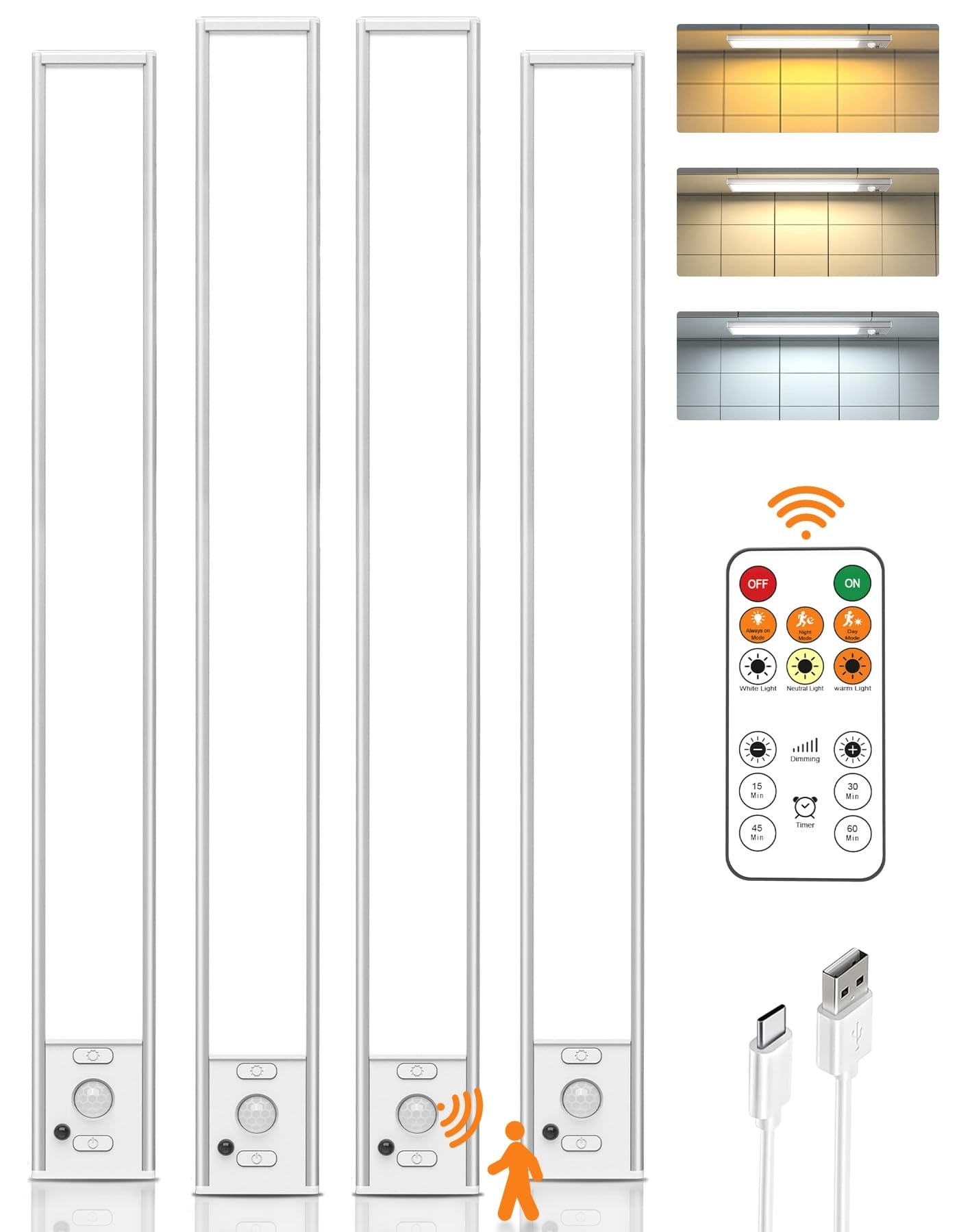 Vrbgify  16 inch Wireless LED Motion Sensor Under Cabinet Light 3 Color Temperature Dimmable Magnetic Rechargeable Remote Control 4 Pack