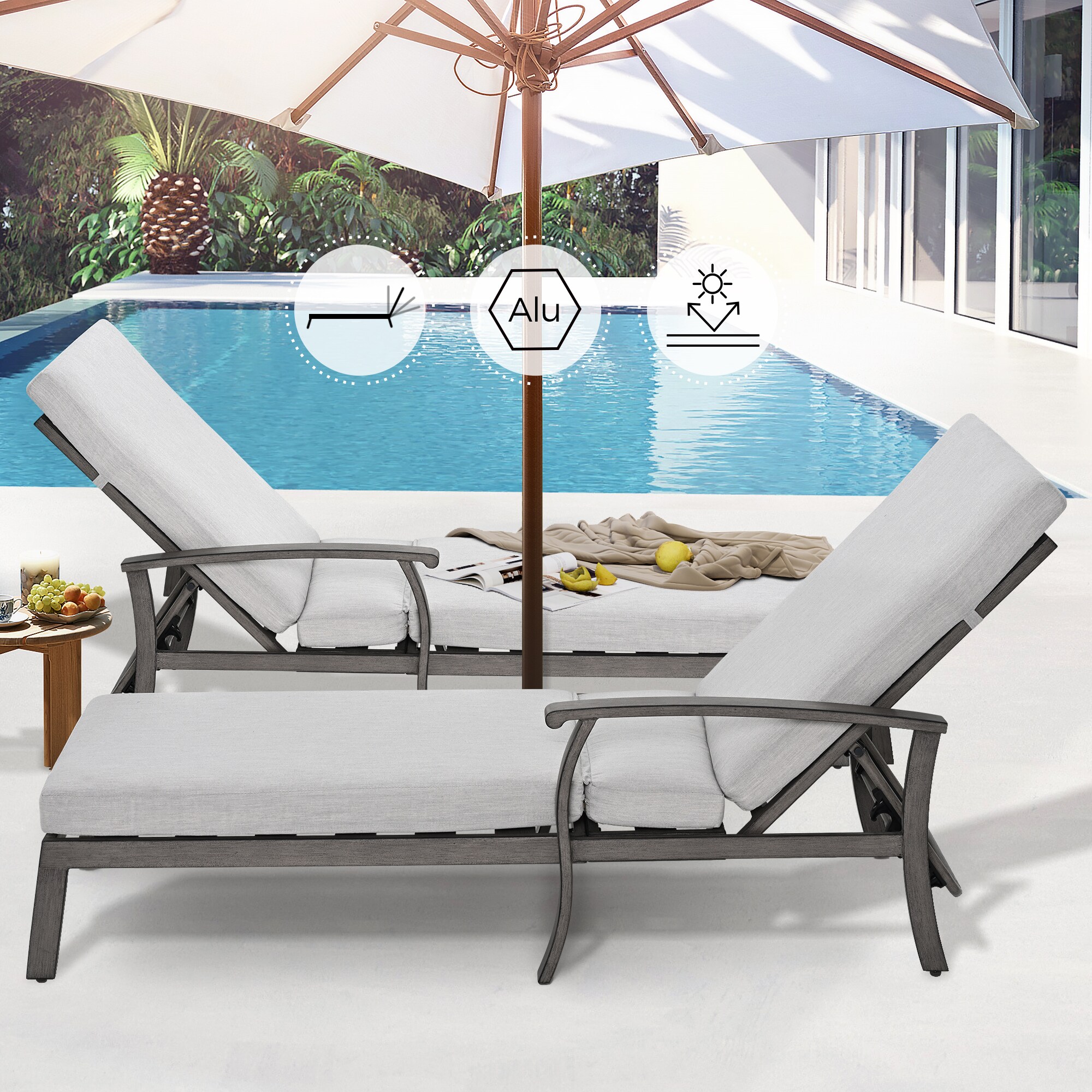 Gray Aluminum Frame Outdoor Chaise Lounge with Cushions, Set of 2