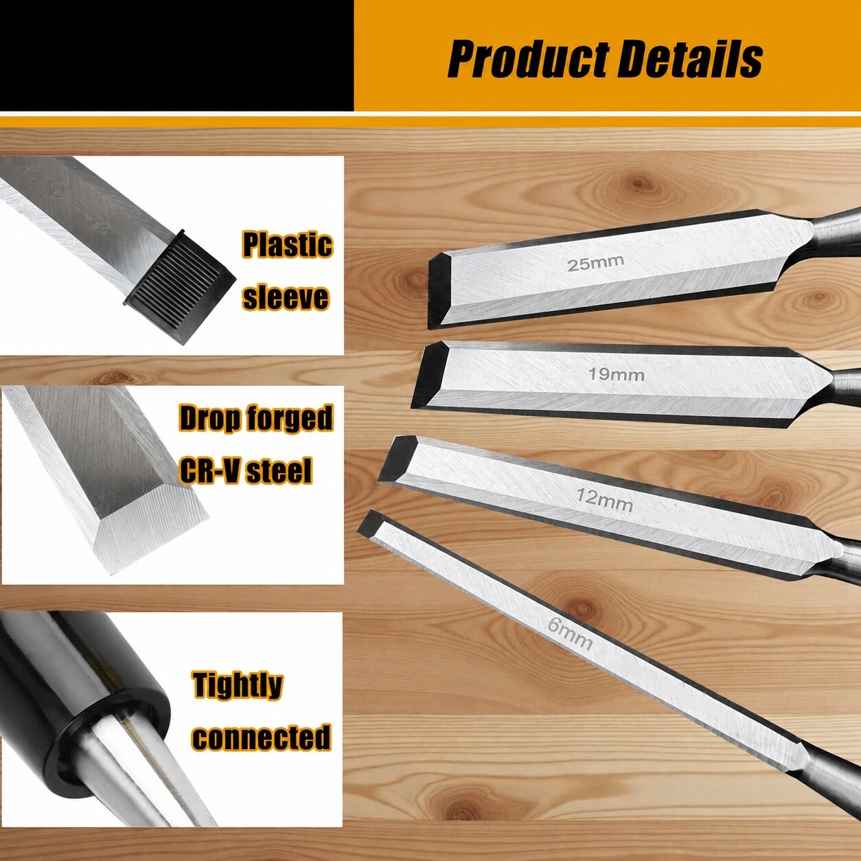 Mikiotto 4 Piece Wood Chisel Set with CRV Steel Beveled Edge Blades and ...