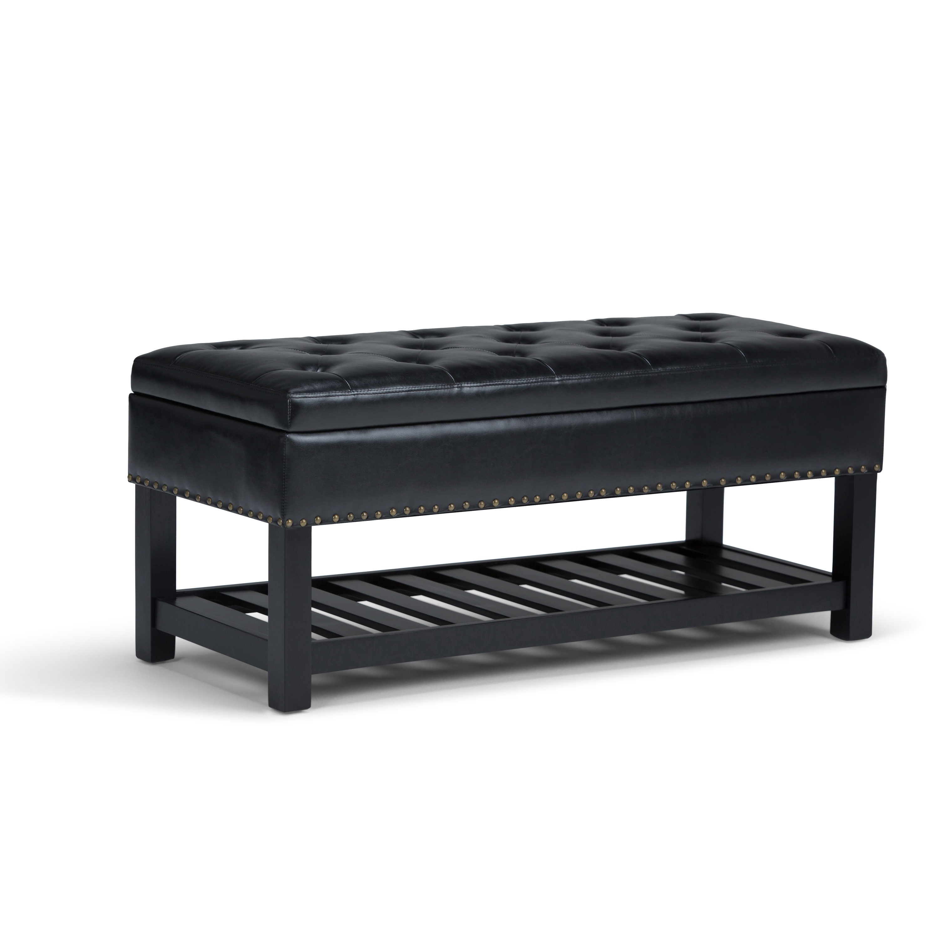 Simpli Home AXCOT-260-BL Lomond Casual Midnight Black Faux Leather Storage Ottoman