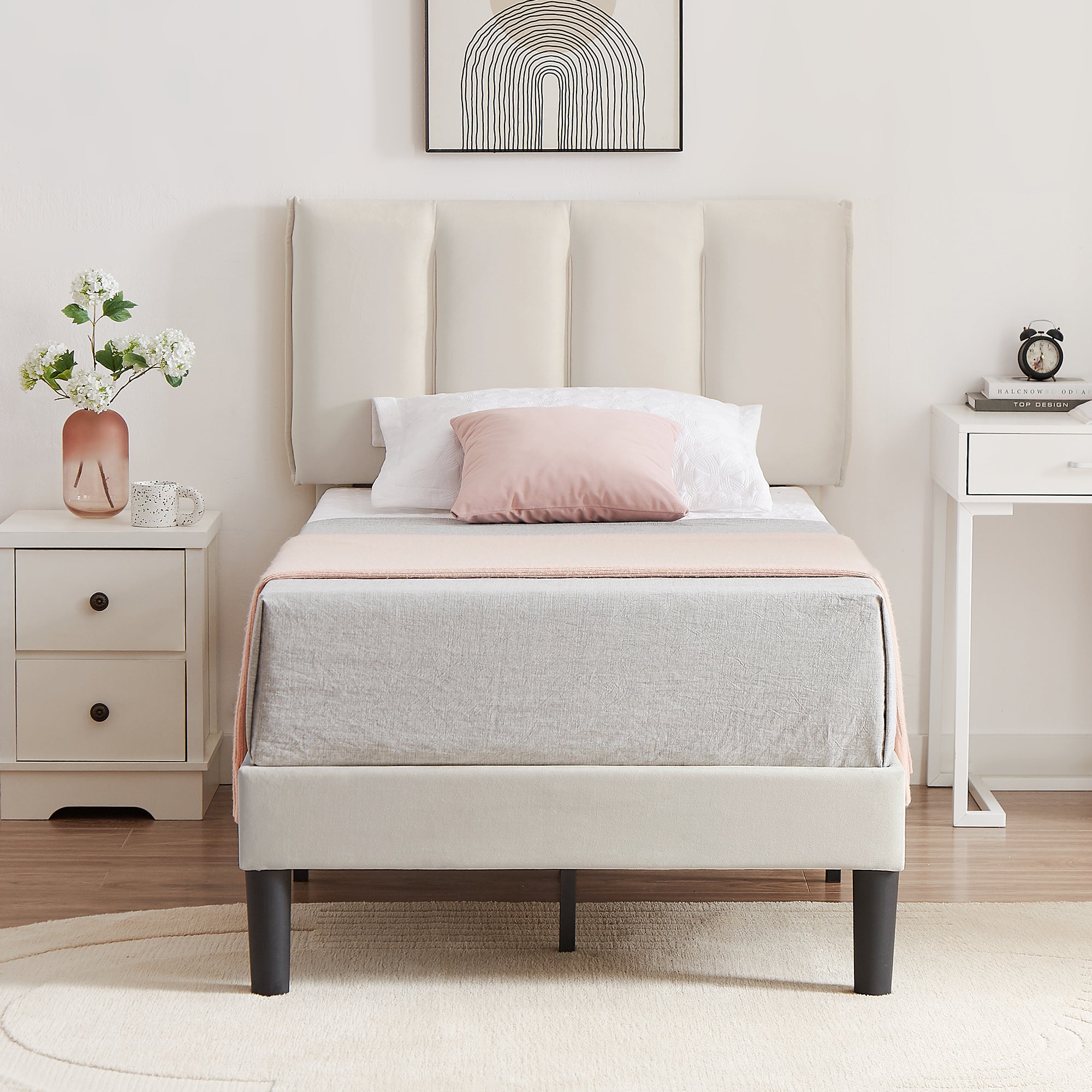 Vecelo LOE-CY-TB04-BGE Twin Bed Frame with Upholstered Adjustable Headboard Heavy Duty Platform Bed Frame with Strong Wooden Slats Support Beige