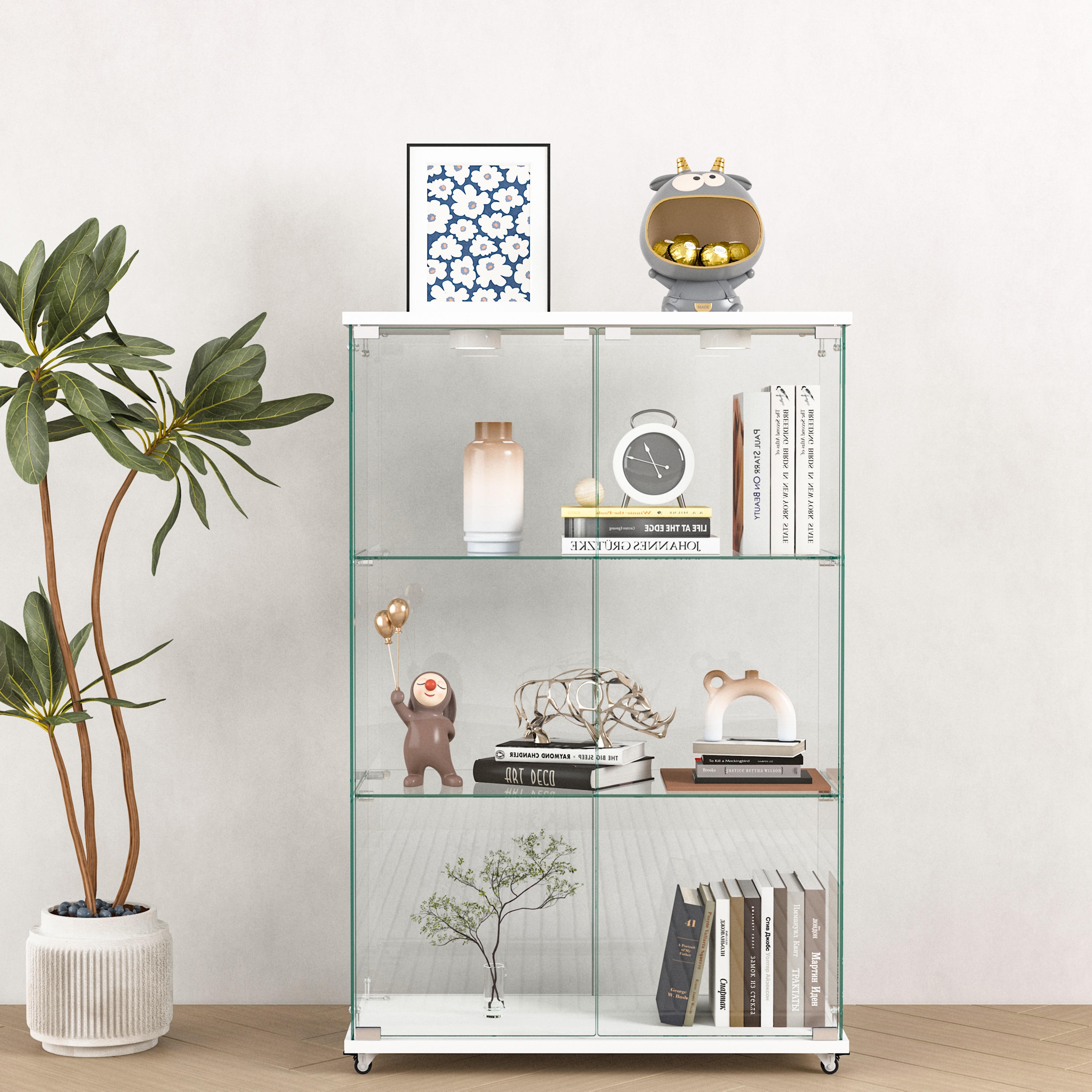LOVMOR SF-Y-W241P242928 Modern Glass Display Cabinet with LED lights Quick assembly Antique Cabinet Tempered Glass Bookshelf Suitable for Living Room and Bedrooms 2 door 3 shelf Transparent+White
