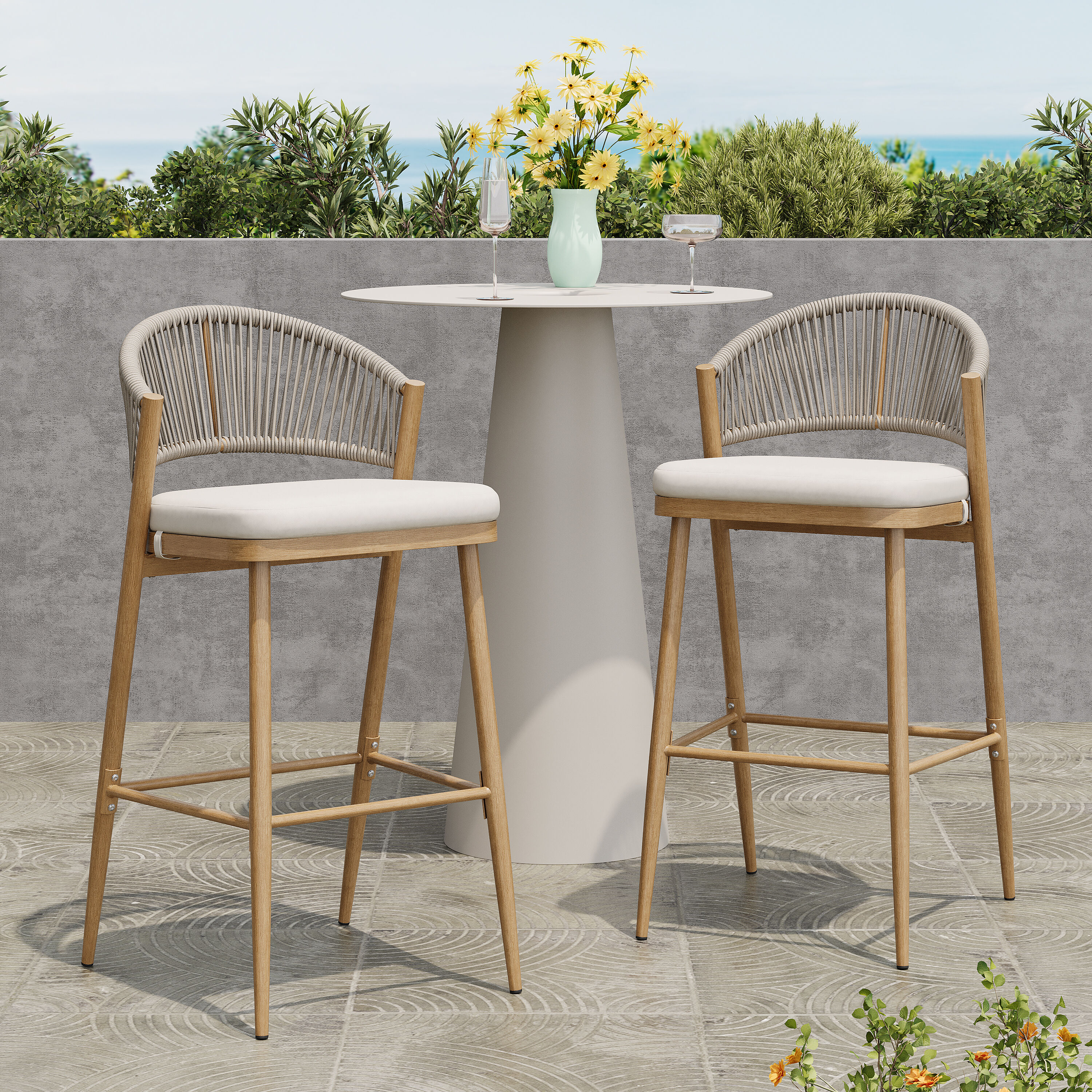 ModernLuxe Assembly Required Outdoor 30.25inch Seat Height Aluminum Frame Barstools with PE Rattan Scallop shaped Backrest Set of 2 Maple Finish