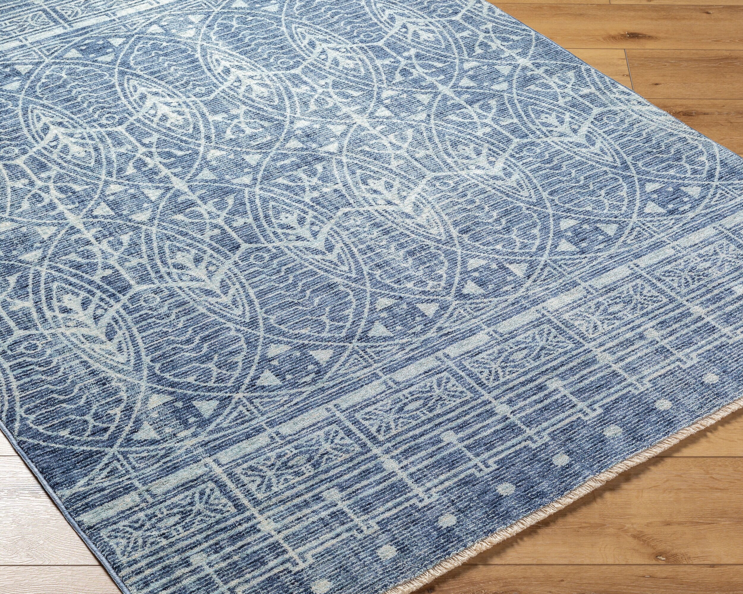 Blue and White Geometric Pattern Rectangular Rug