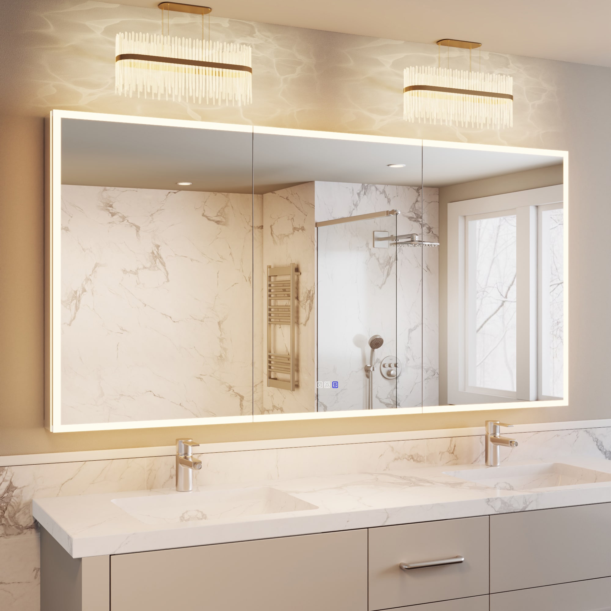 ExBrite Vellure 72-in x 36-in Lighted LED Fog Free Surface/Recessed Mount Stardust Silver Mirrored Rectangle Soft Close Medicine Cabinet with Outlet