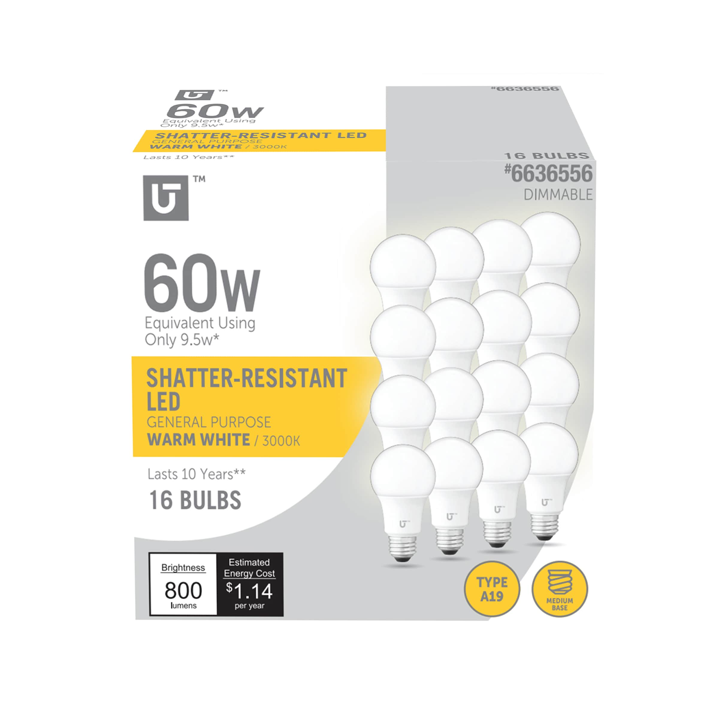 Utilitech YGA03C54-9.5W-930-16 60 -Watt EQ A19 Warm white E26 Dimmable LED General purpose Light Bulb 16 -Pack