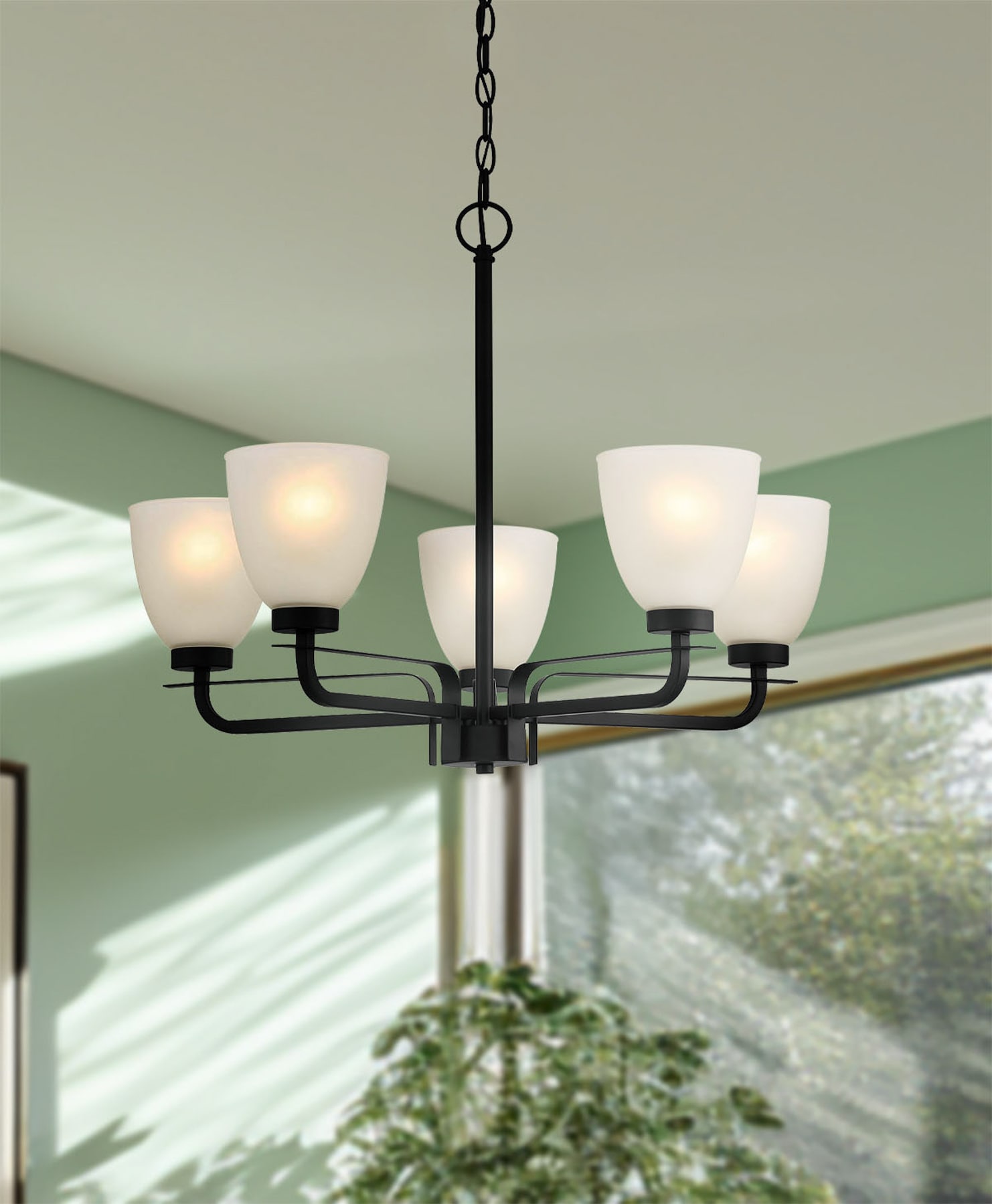 Mini Coal Black 5-Light Chandelier with Etched Glass Shade