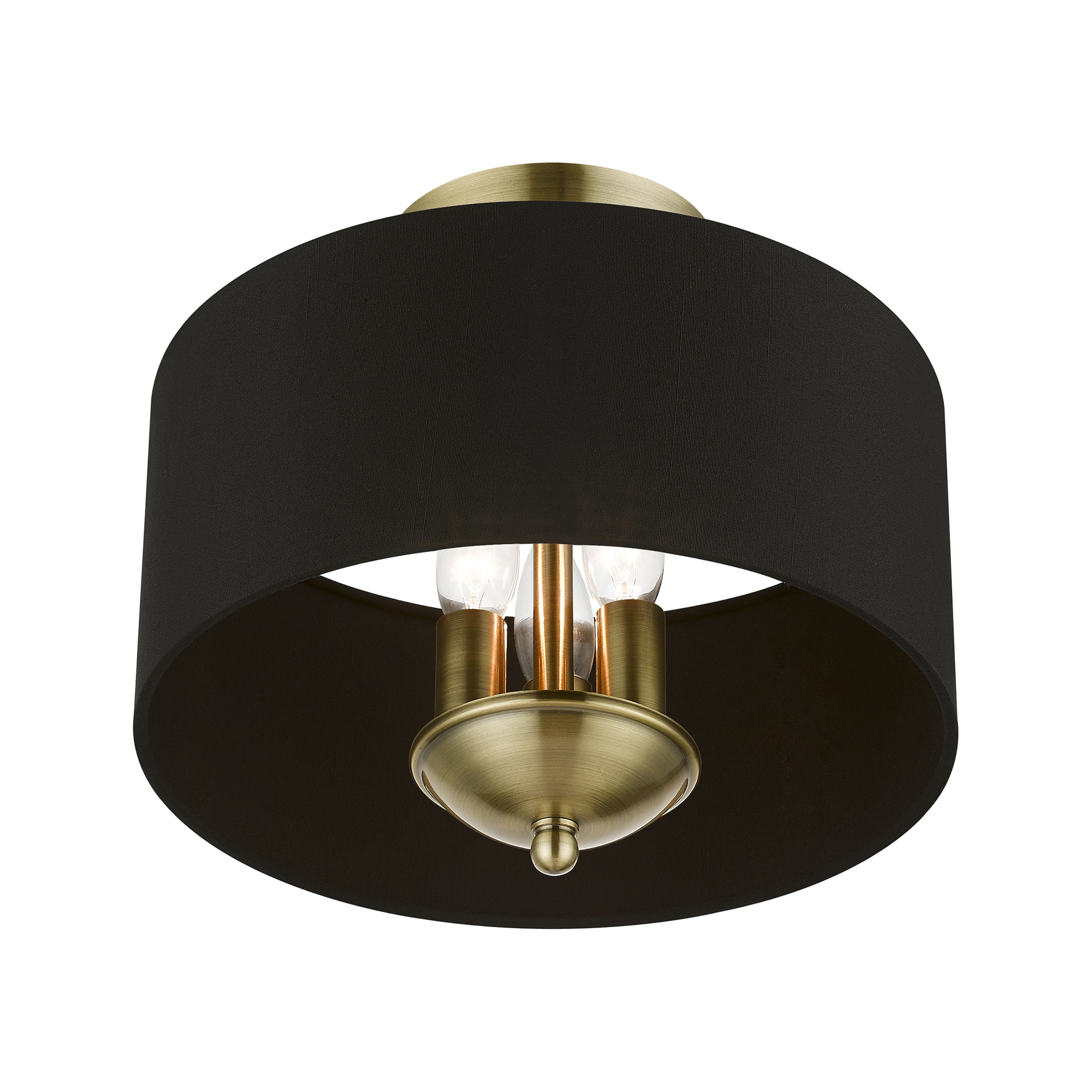 Antique Brass 3-Light Transitional Semi-Flush Mount with Black Fabric Shade