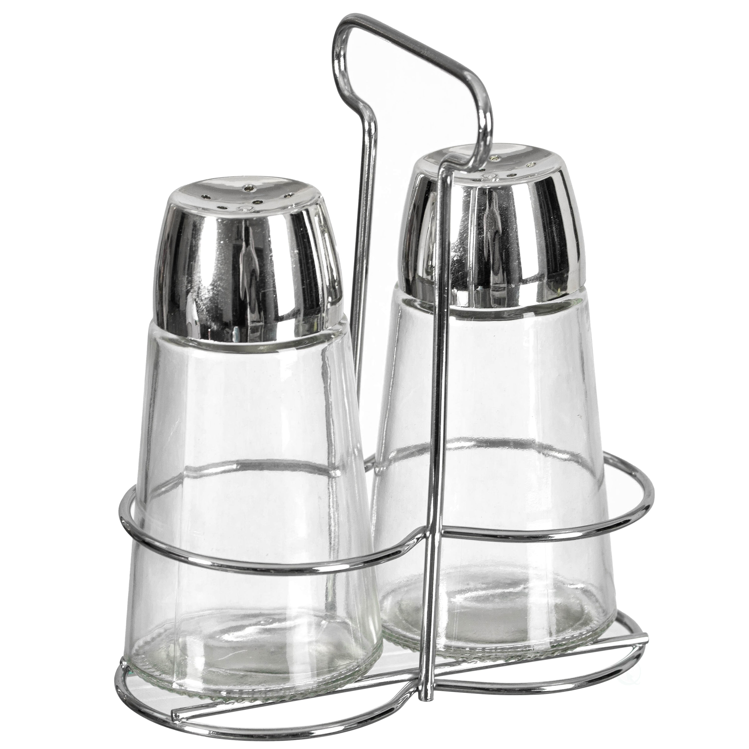 Elegant Glass Salt and Pepper Shaker Set with Stainless Steel Holder