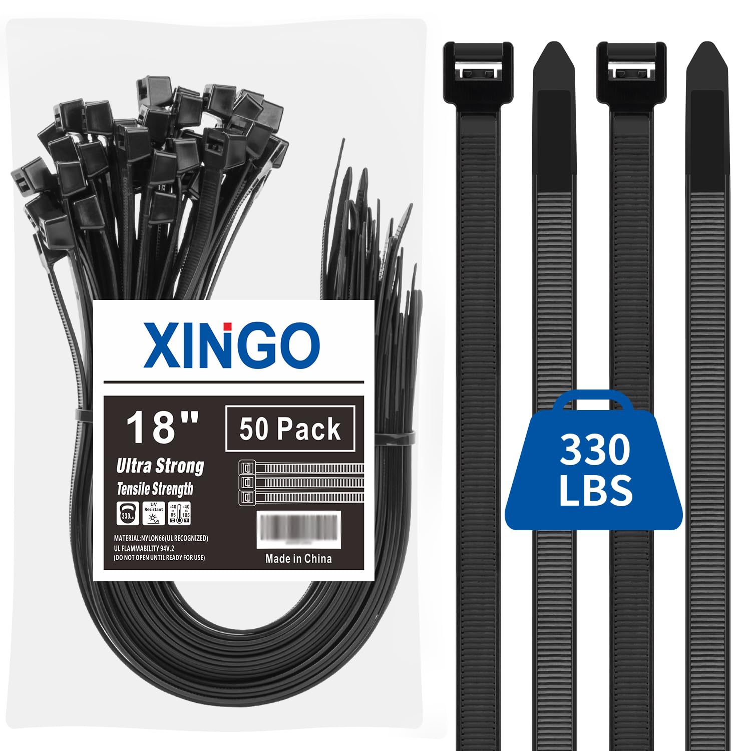 XINGO 18 inch black heavy duty zip ties 50 pack 330 lbs strong plastic wire ties large cable ties extra long wraps indoor outdoor use #B0D66DLS6Y