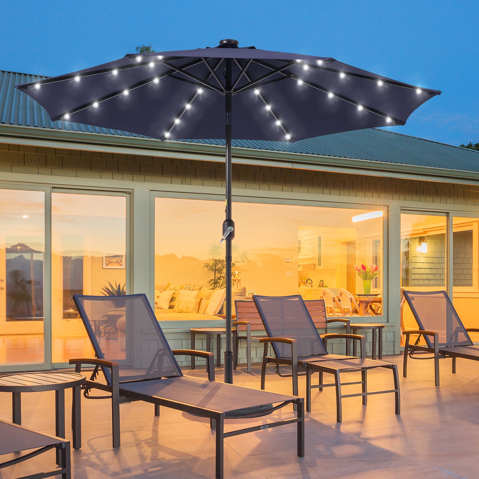 ACEGOSES LW-09L-LED 9-ft Steel Navy Push-button Tilt Market Patio Umbrella with Lights