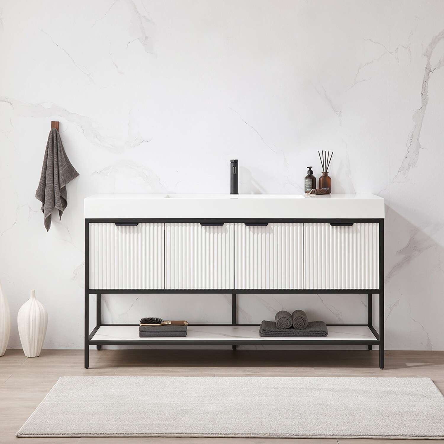 Vinnova 705260-WH-WH-NM Marcilla 60-in White Finish + Matte black stainless steel bracket Single sink Bathroom Vanity with Snow mountain-white Engineered stone Top
