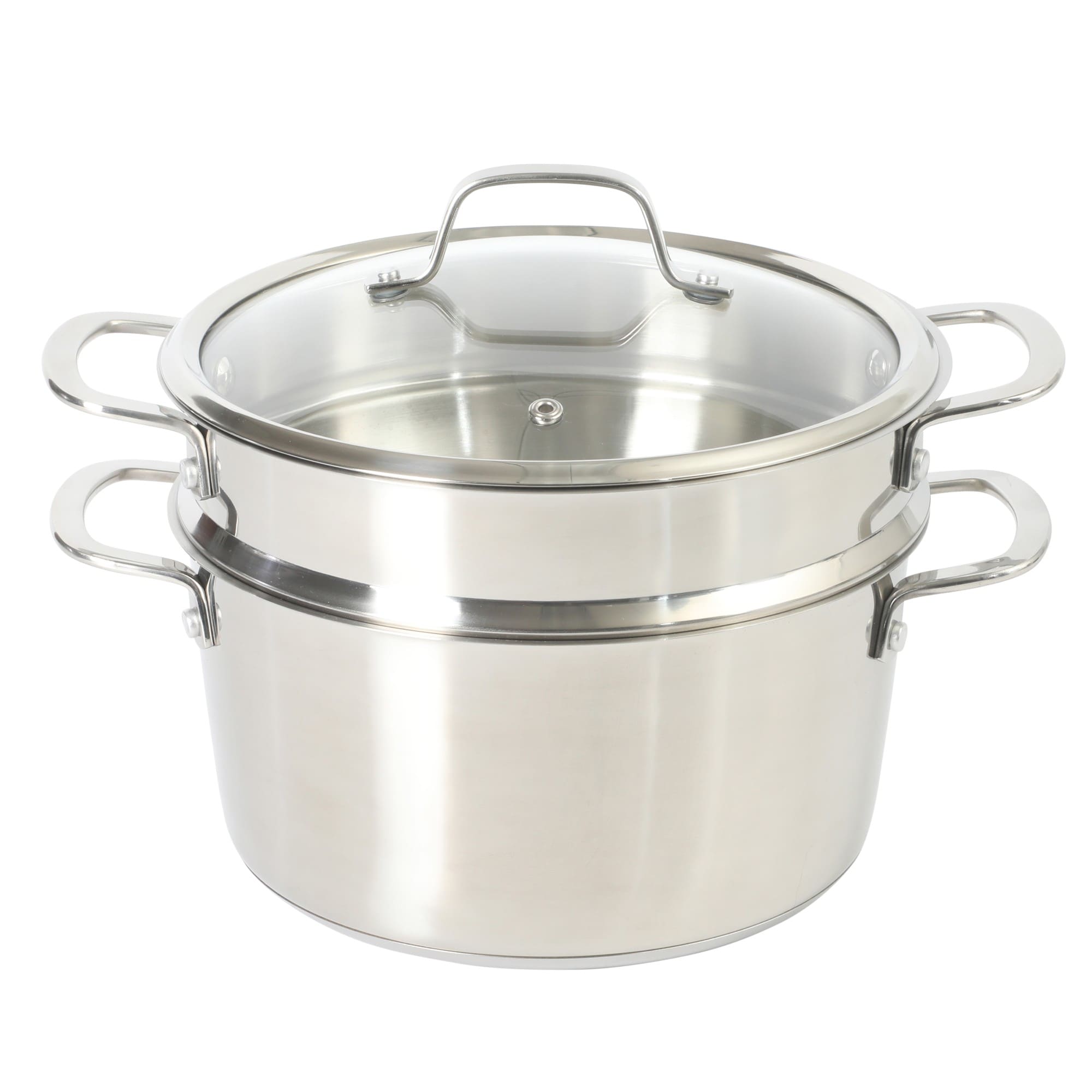 Sur La Table Kitchen Essentials 3 Piece 5.3 Quart Stainless Steel Dutch Oven with Steamer Insert and Glass Lid Induction Ready TriPly Base Polished Finish and Hollow StayCool Handles #149426.03