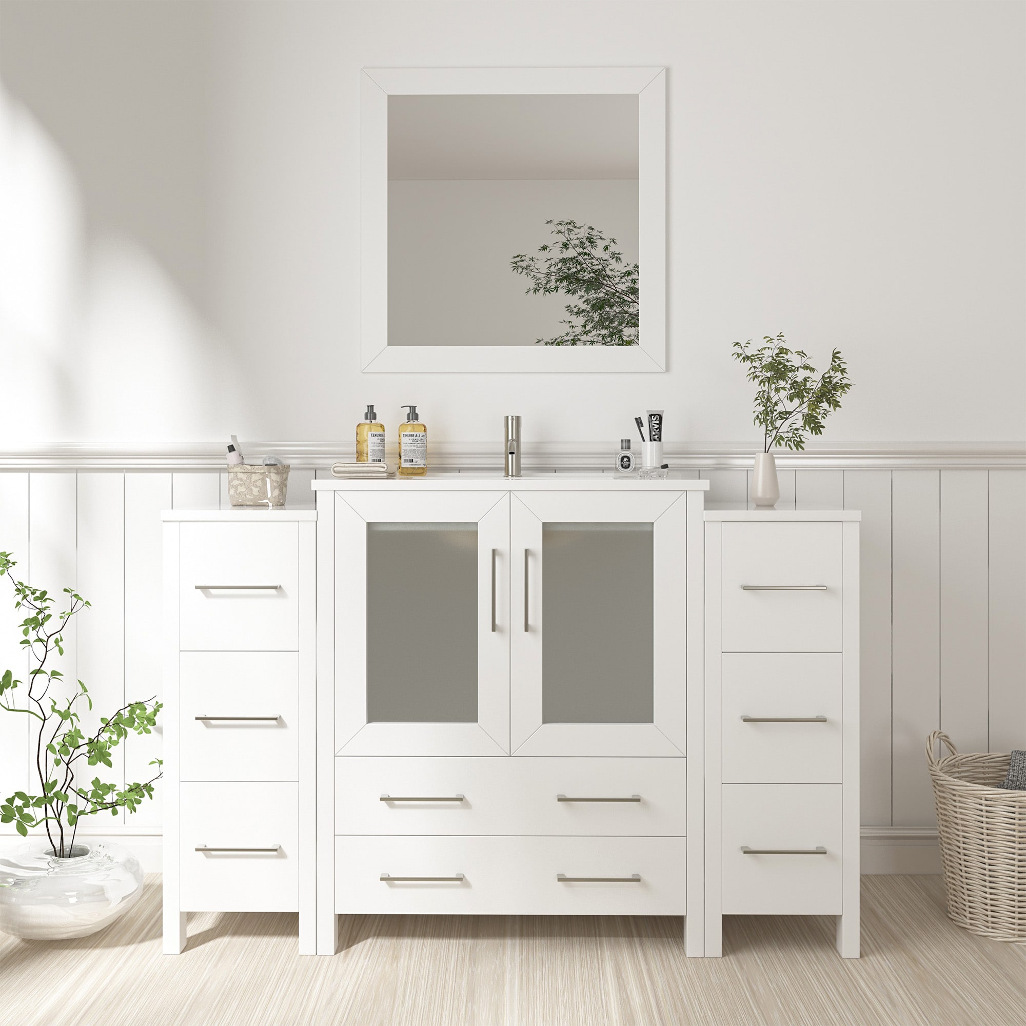 Vanity Art VA3024-48W Brescia 48-in White Undermount Single Sink Bathroom Vanity with White Ceramic Top (Mirror Included)